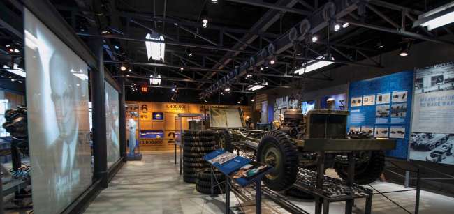 Manufacturing Victory gallery jeep with video projection, Arsenal of Democracy