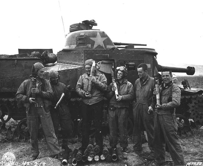 Crew of M-3 Tank #309576, 2nd Battalion, 12th Armored Regiment, 1st Armored Division, in Tunisia, 1942. Courtesy US Army Center of Military History.