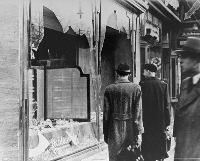 Vandalized storefront of a shop in Berlin owned by Jews, November 1938