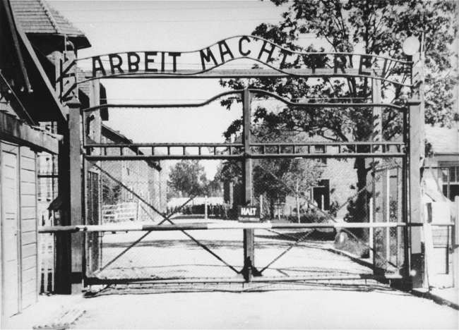 View of the entrance to the main camp of Auschwitz (Auschwitz I)