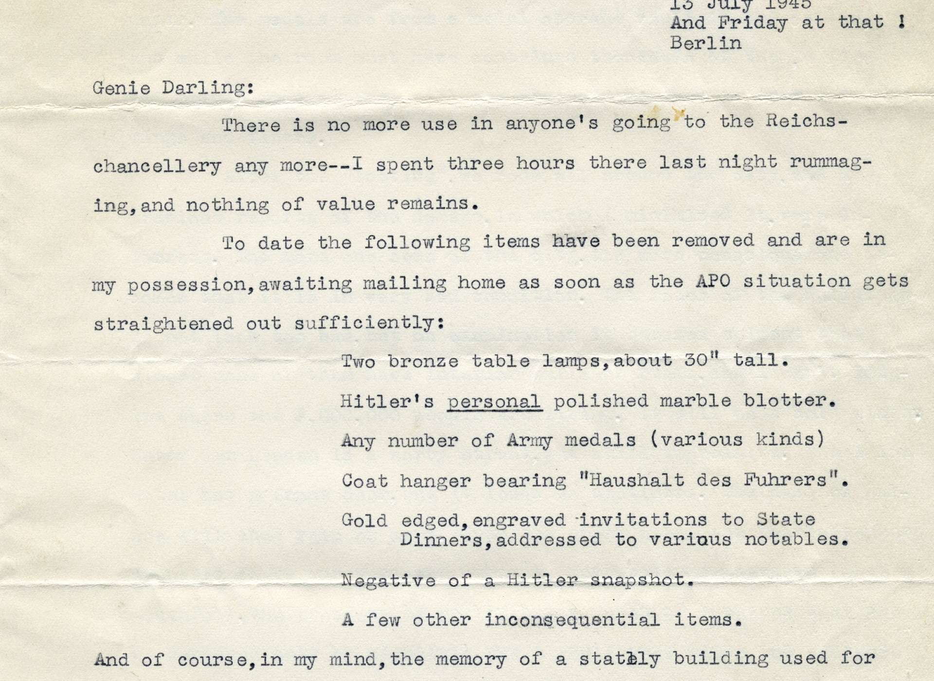 Letter from Larry Hirshbach to his wife from the Reich Chancellery