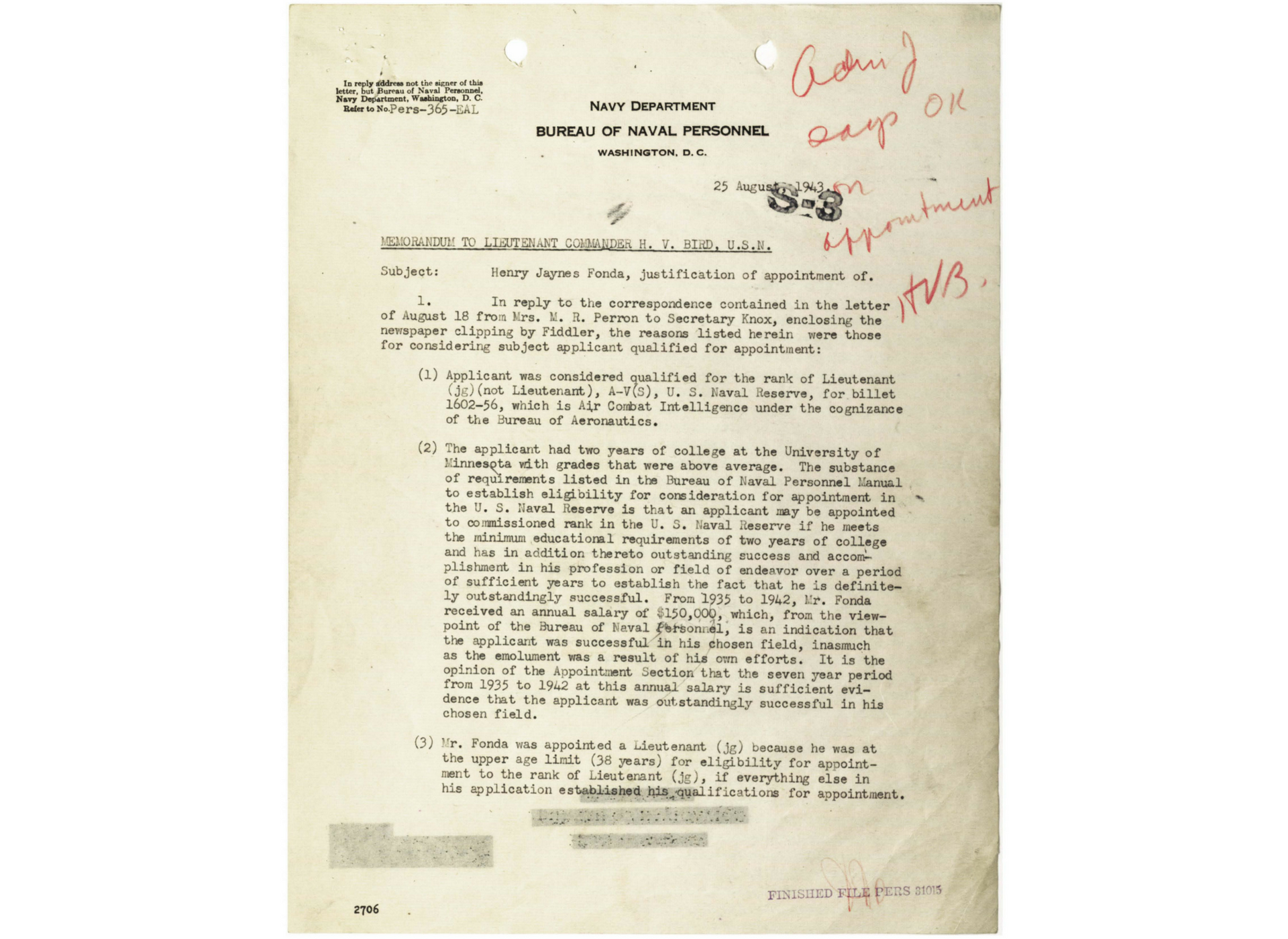 A letter justifying the appointment of Fonda to Lieutenant, junior grade. From the National Archives.