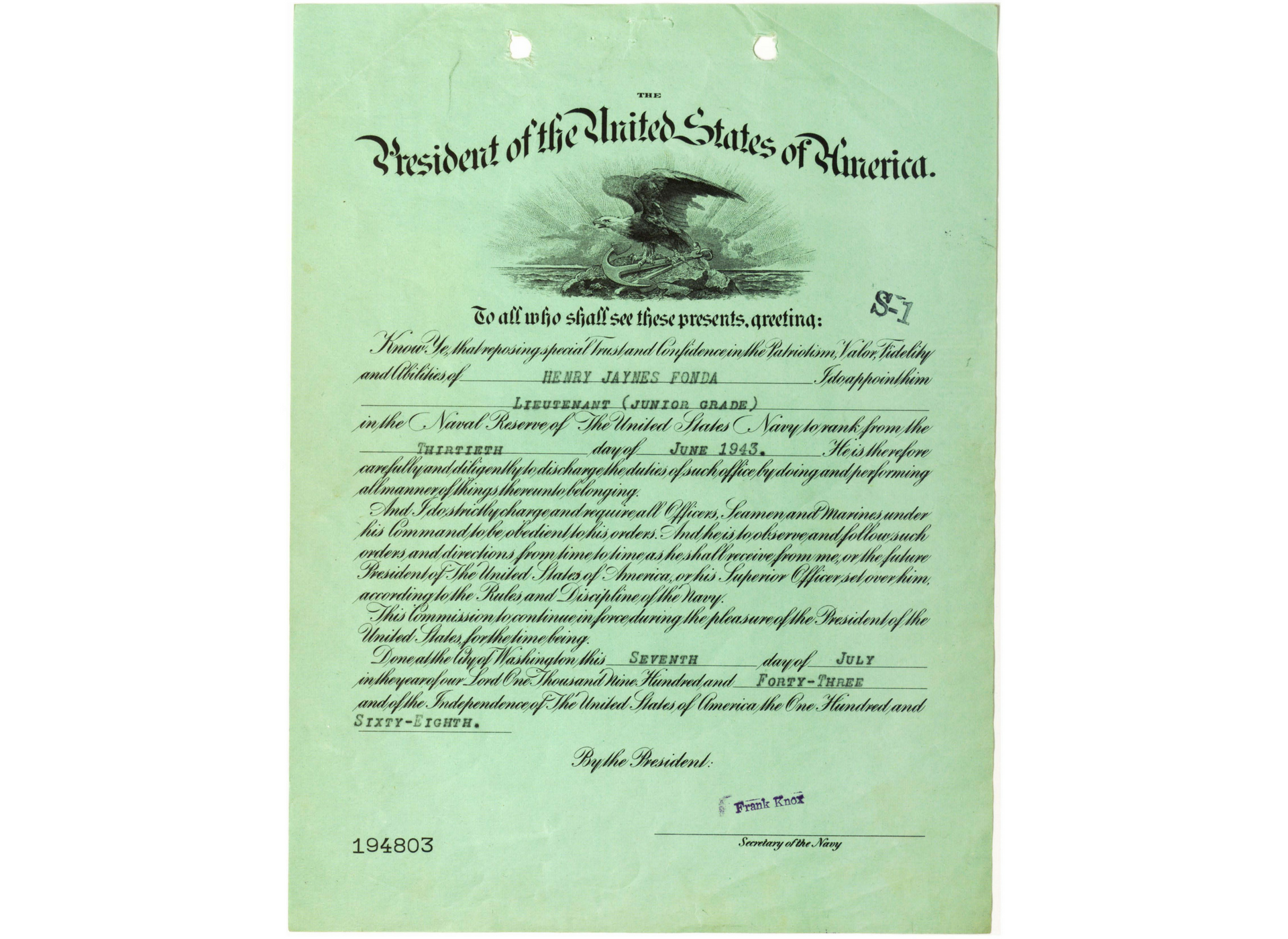 Certificate of appointment to Lieutenant, junior grade presented to Fonda. The National Archives. 