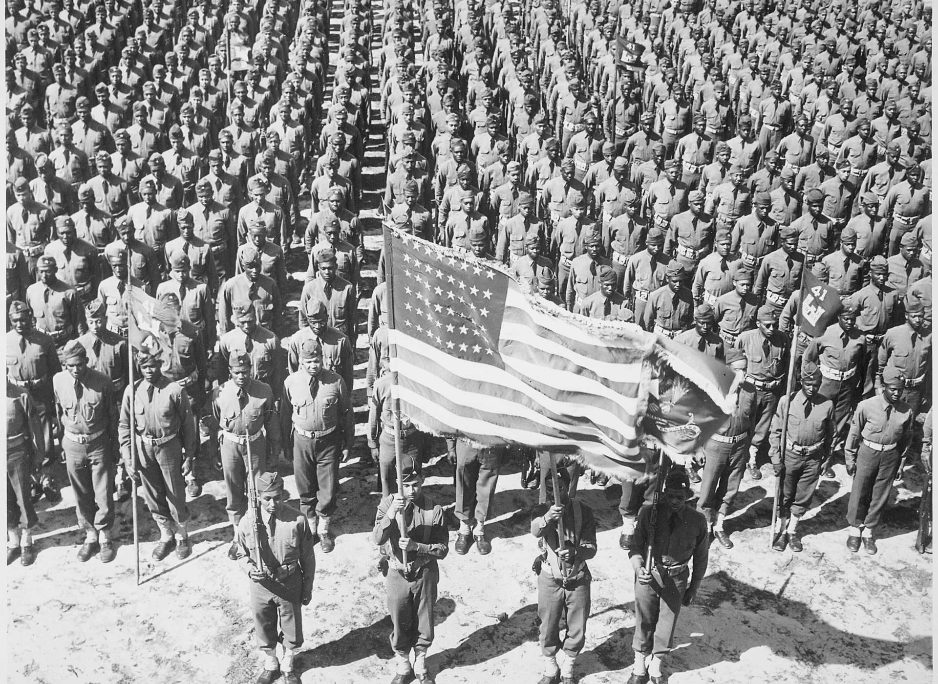 On parade, the 41st Engineers at Ft. Bragg, North Carolina, in color guard ceremony.