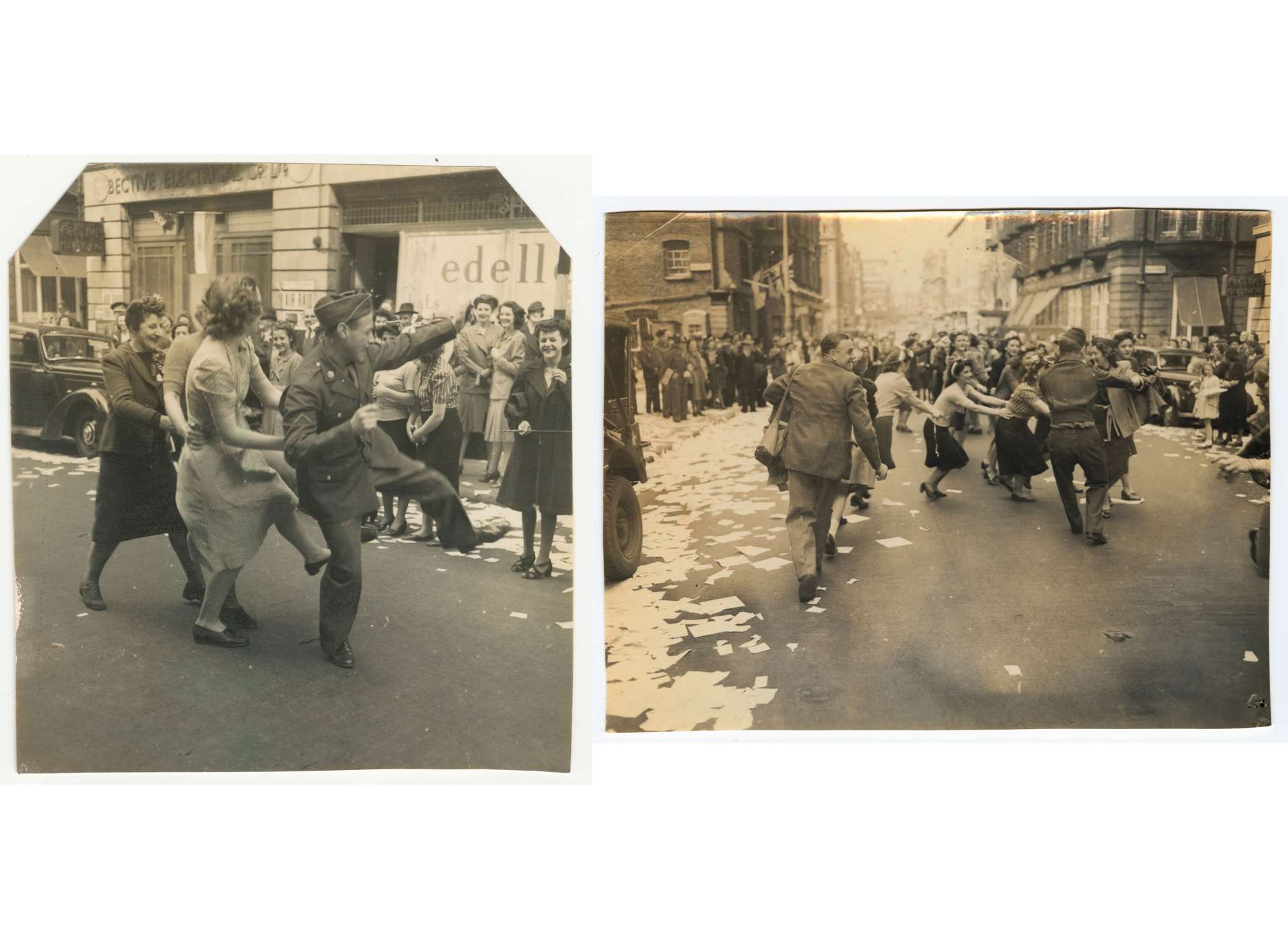 Private First Class McGaffin leads a conga line outside of 35 Davies Street, The National WWII Museum, 2008.537.083-.084