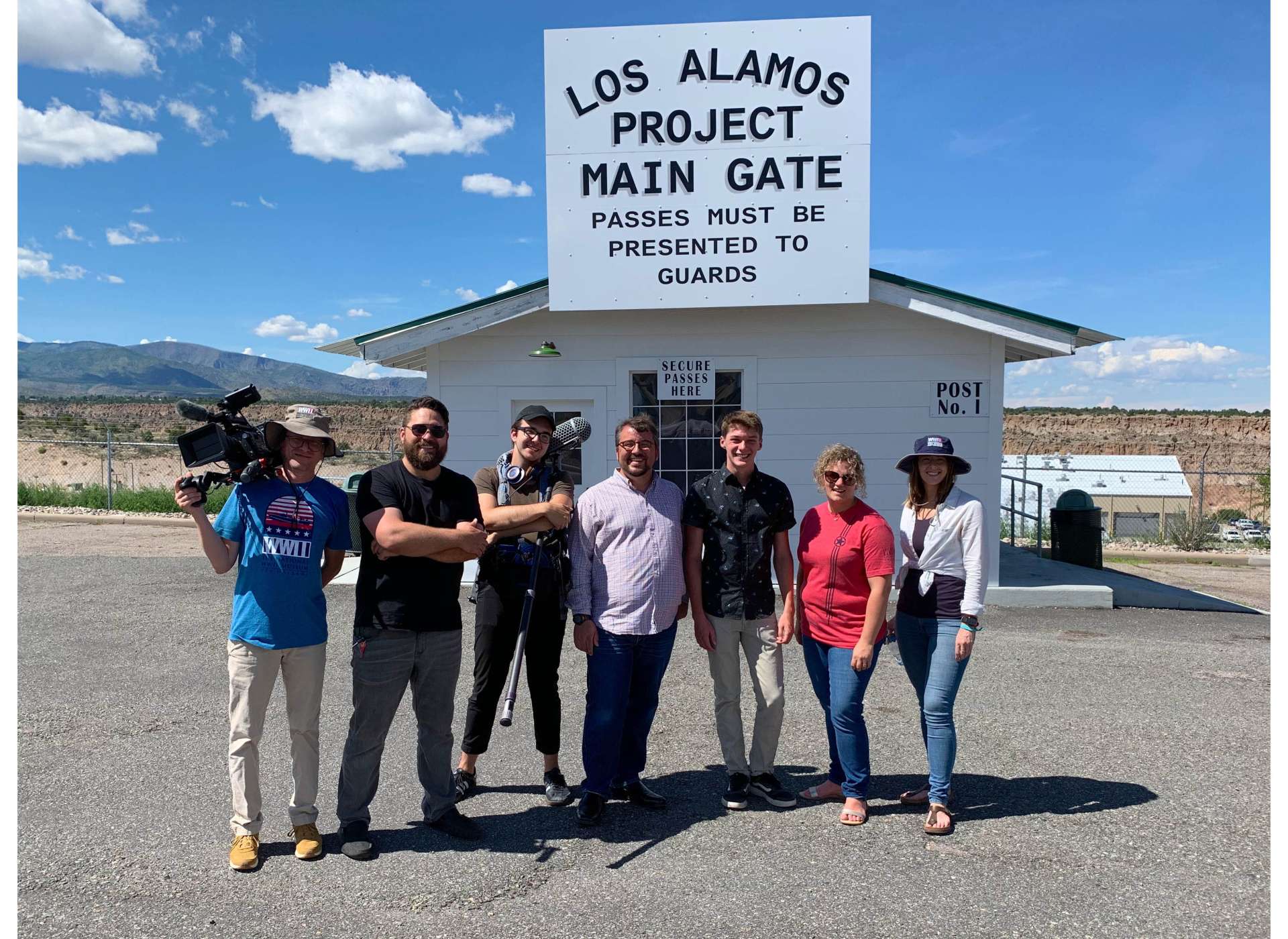 Film crew at the replica guard gate in Los Alamos, New Mexico