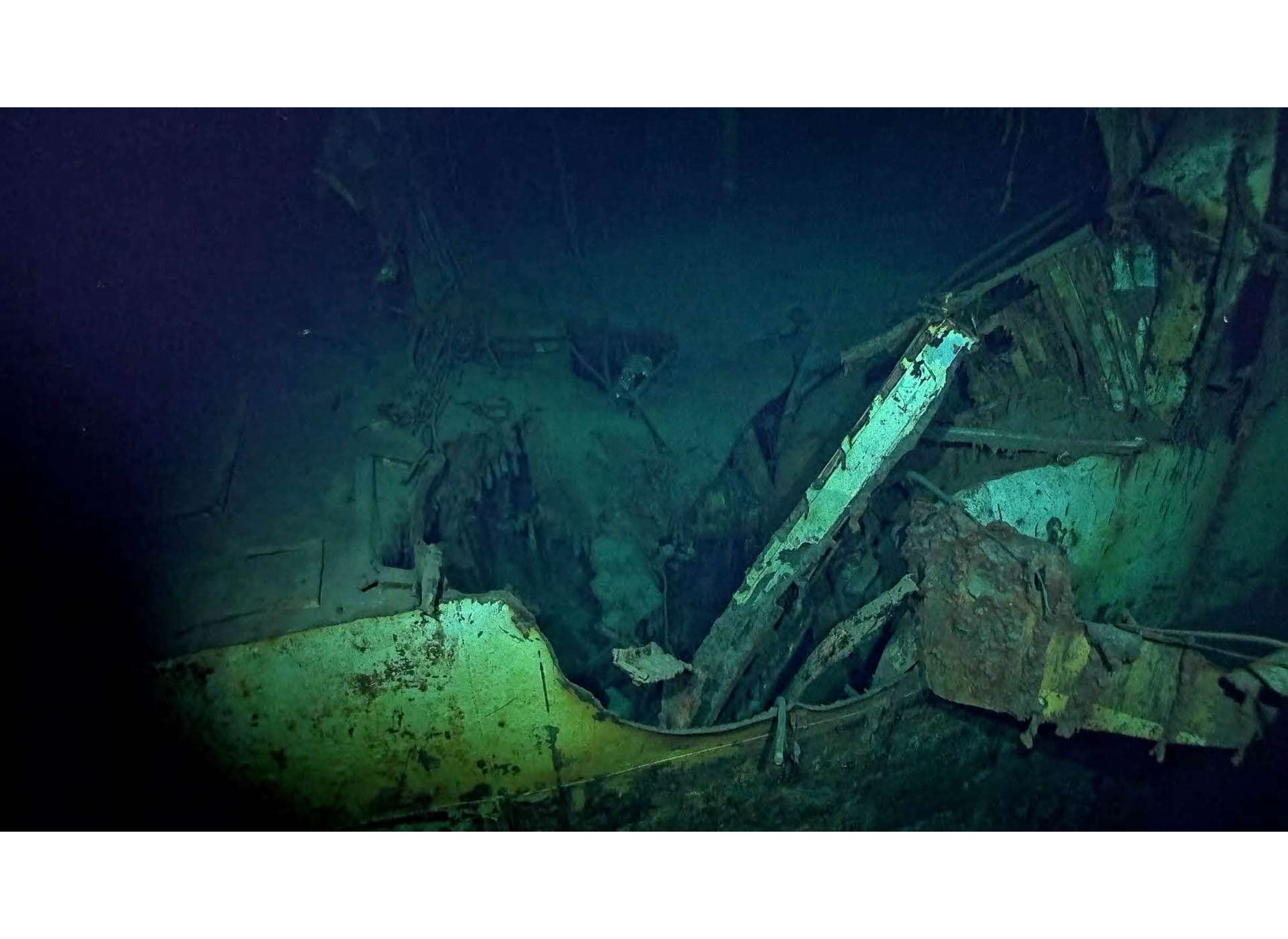 Explosion damage to St. Lo’s starboard side. Image: Paul G. Allen&#039;s Vulcan Inc.