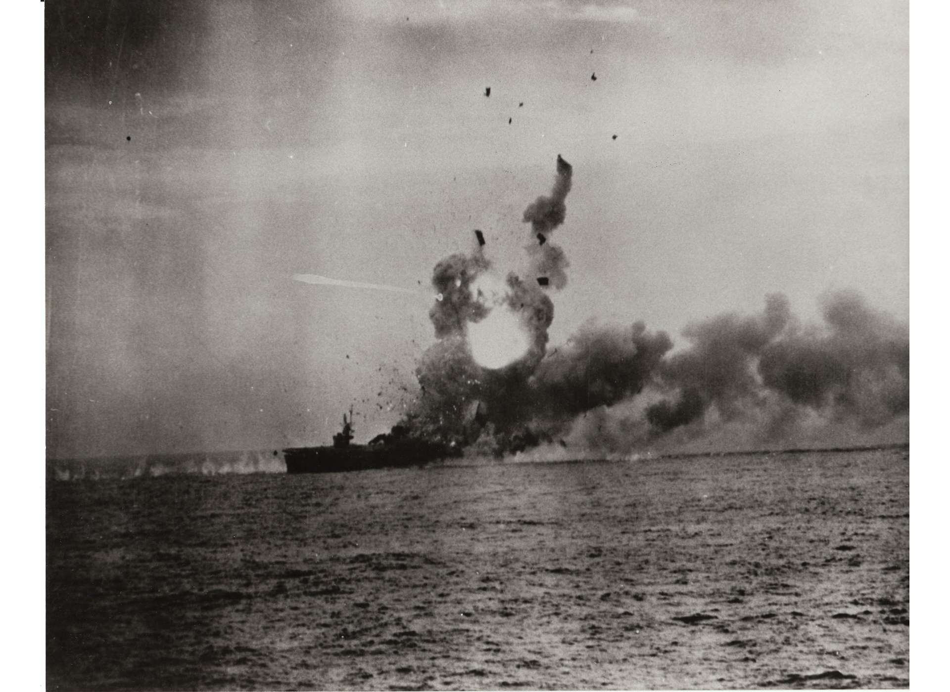USS St. Lo is hit by a Japanese kamikaze during the Battle off Samar on October 25, 1944.