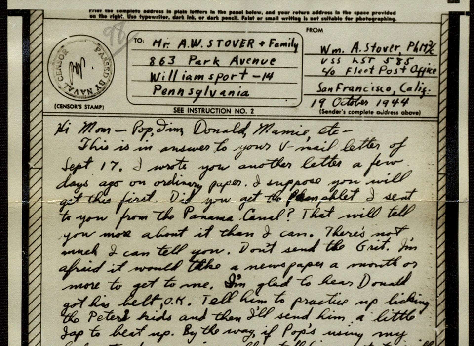 V-mail from Bill Stover to his family commenting on V-mail’s reputation as a speedy service. Gift of the Family of William A. Stover, 2012.314.050