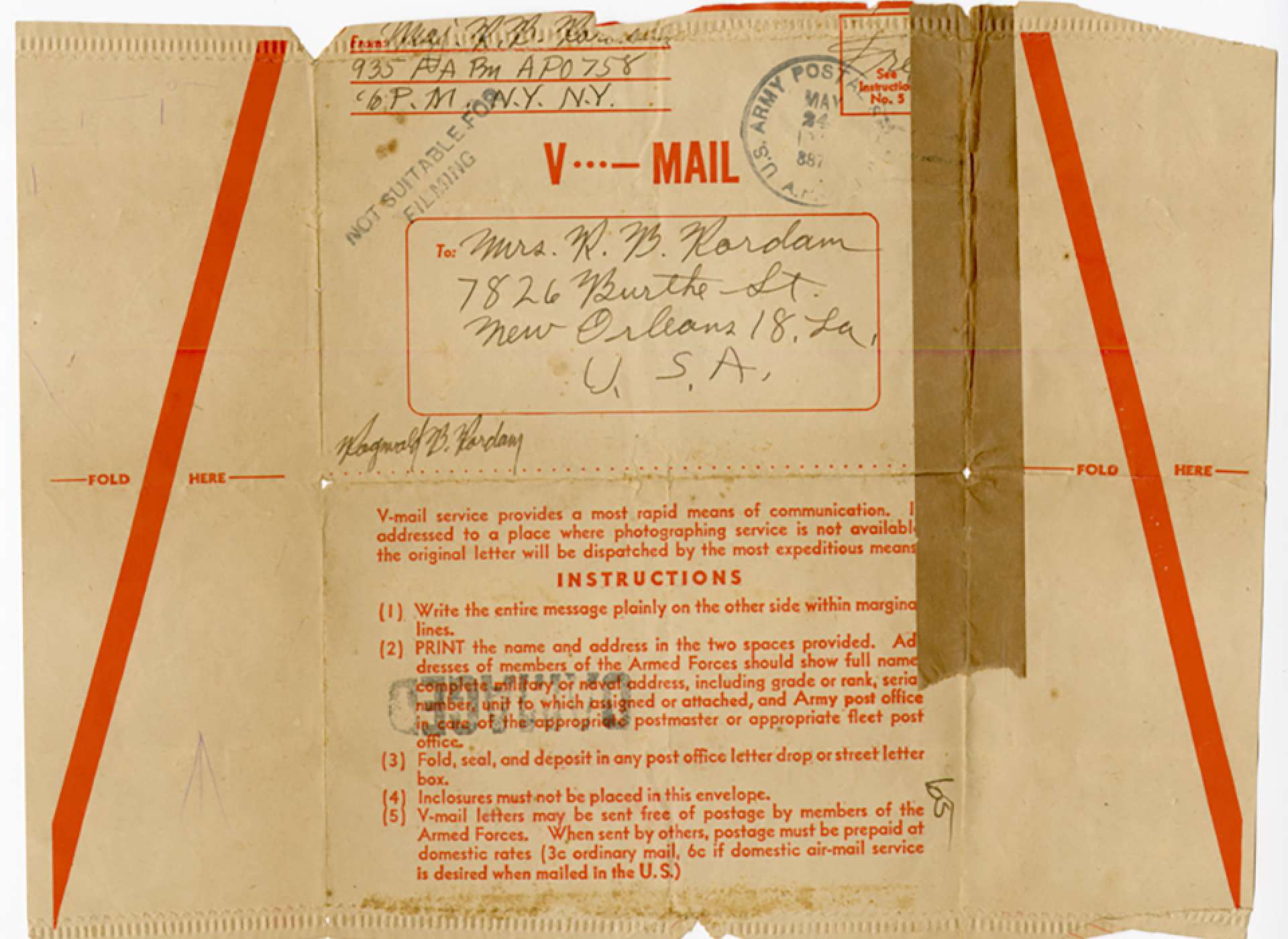 Heavily damaged, thus un-processed V-mail. Gift in Memory of Col. R.B. Rordam