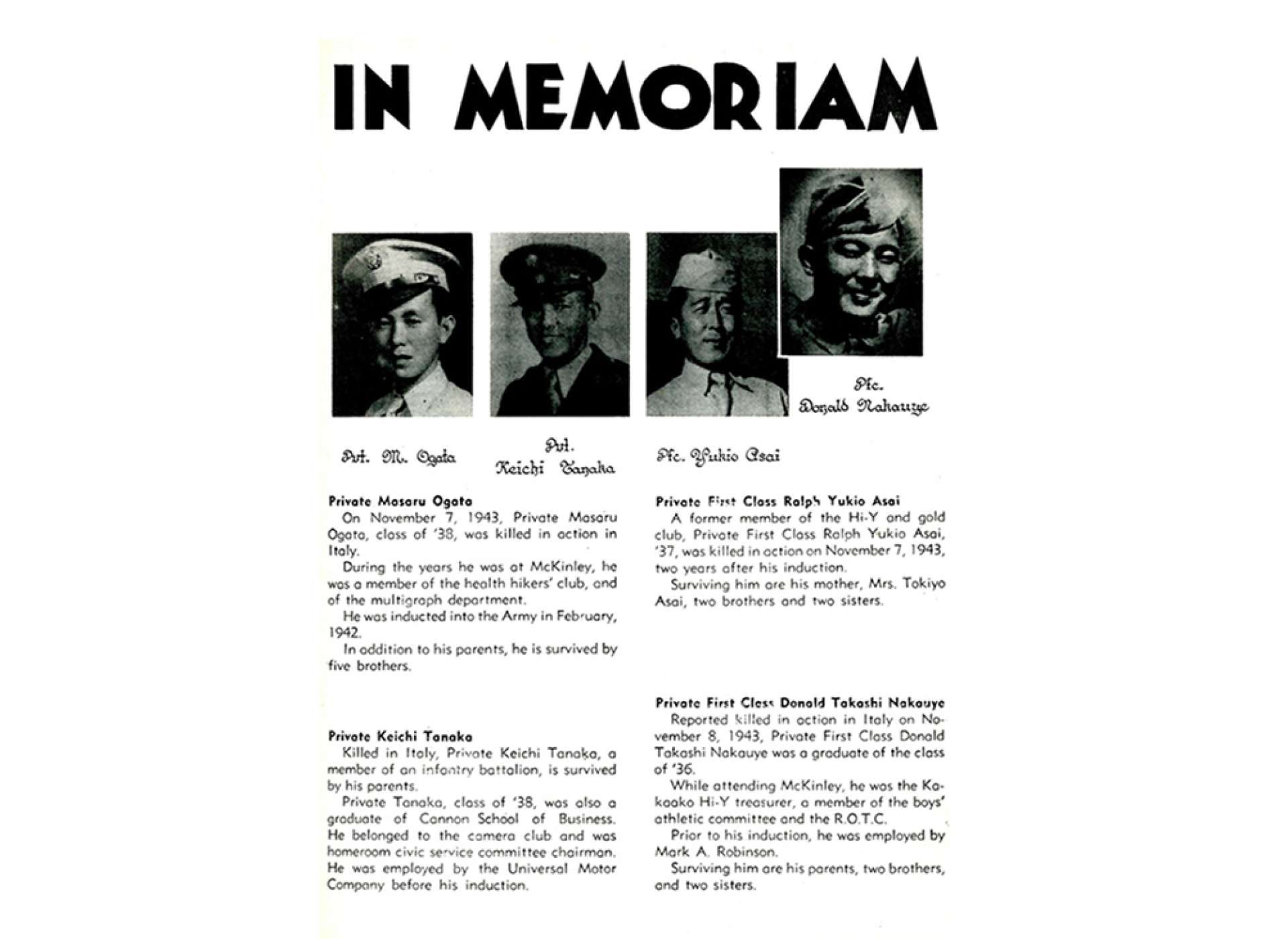 Page from 1944 McKinley High School Yearbook, Honolulu, Hawaii. The National WWII Museum Education Collection.