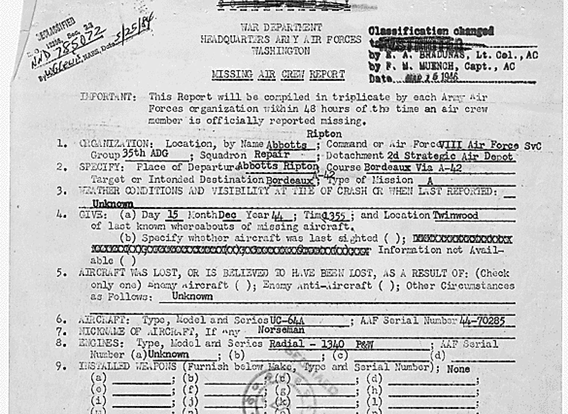 The top page from the Missing Air Crew Report, amended to add Miller and Baessell as passengers. Missing Air Crew Report No. 44-70285, the National Archives via Fold3.
