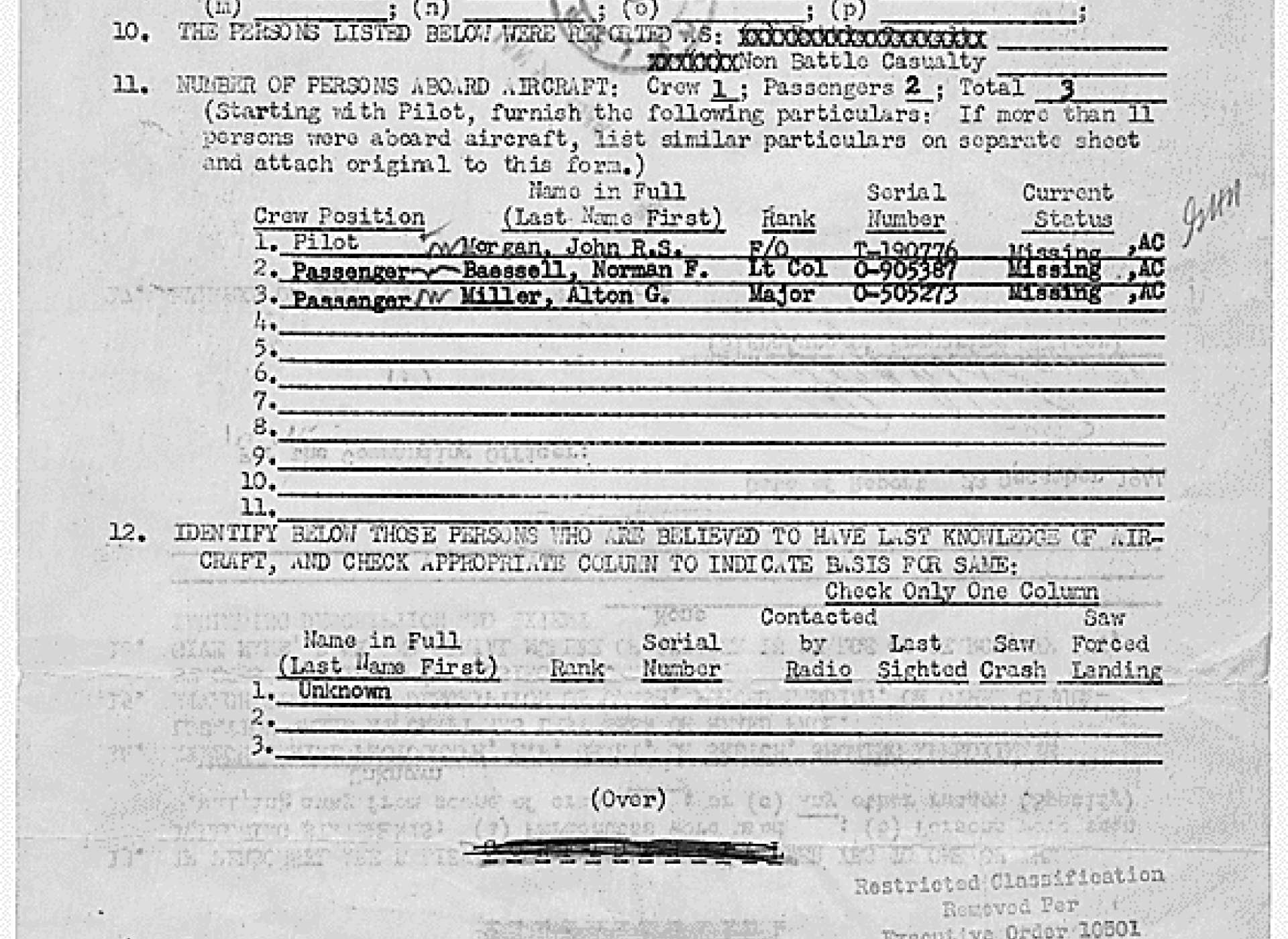The bottom page from the Missing Air Crew Report, amended to add Miller and Baessell as passengers. Missing Air Crew Report No. 44-70285, the National Archives via Fold3.