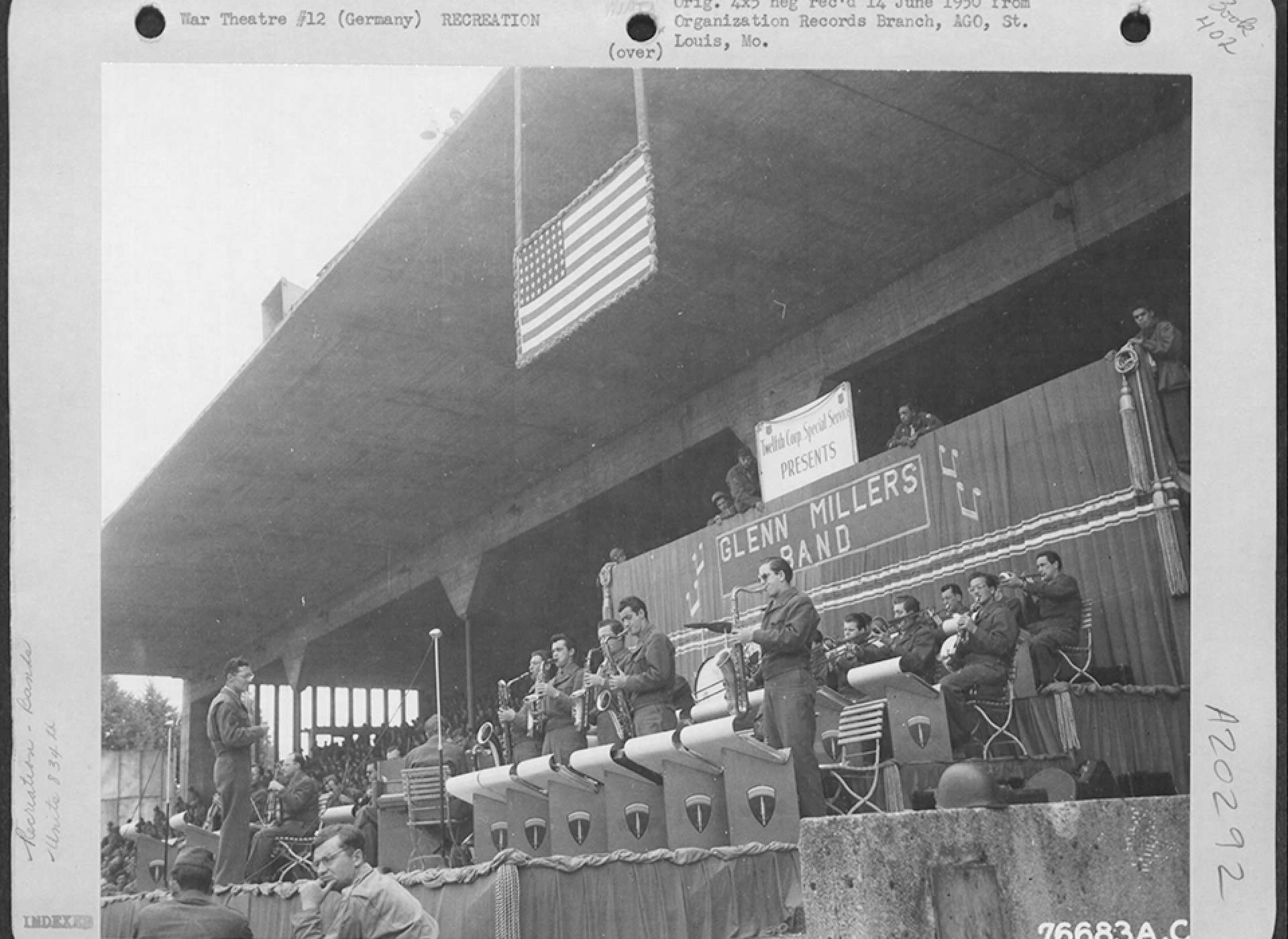 The Army Air Forces Band plays in Nuremberg, Germany after the war. US Air Force photograph.