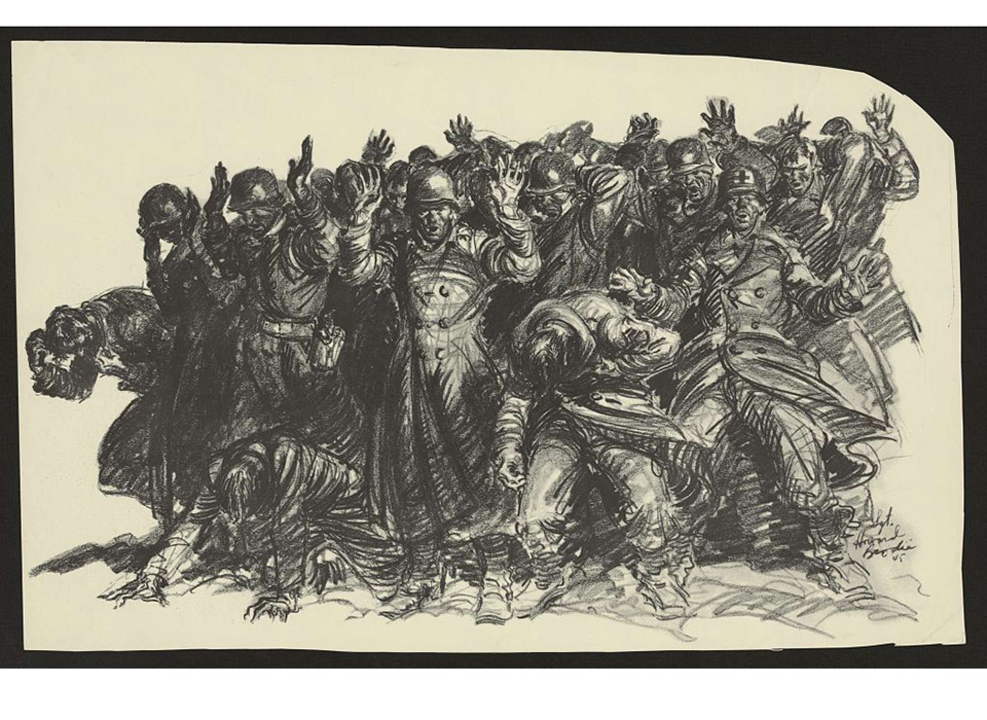 Image by Sgt. Howard Brodie of the last moments before the Malmedy Massacre, based on survivors&#039; accounts. Library of Congress Prints and Photographs Division.