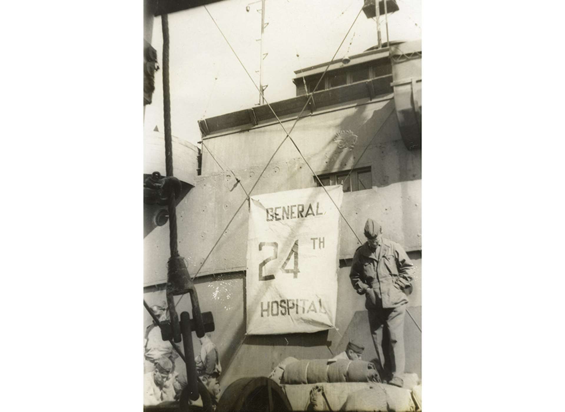 Returning home! Men of the 24th General Hospital aboard the transport ship which will take them home after more than 2 years away. They left Italy on October 11, 1945. The National WWII Museum.
