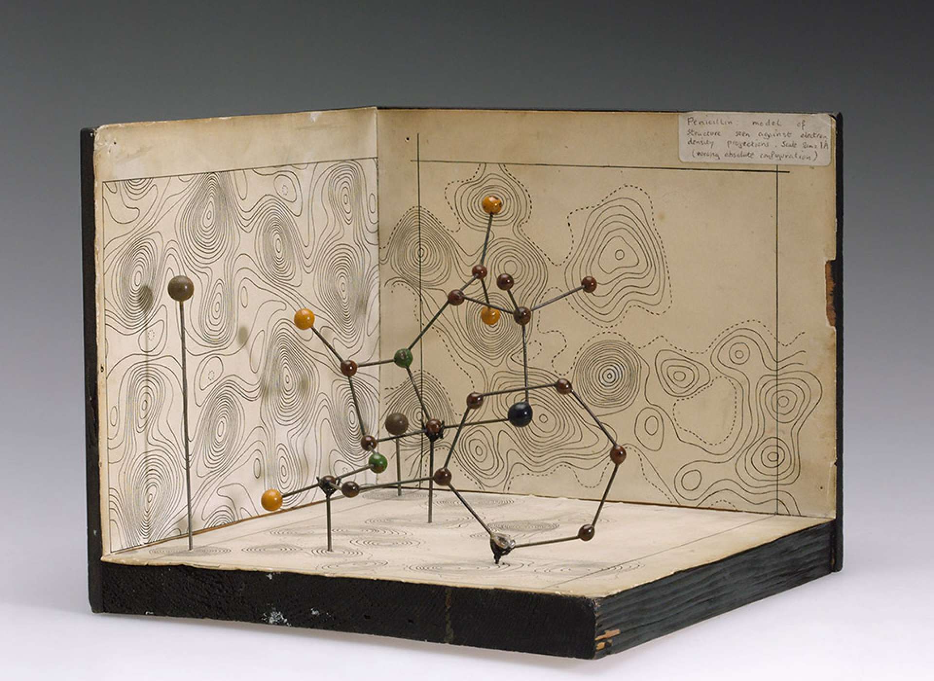 A physical model of the penicillin molecule, constructed based on the x-ray crystallography of Dorothy Crowfoot Hodgkin. From the Science Museum of London.