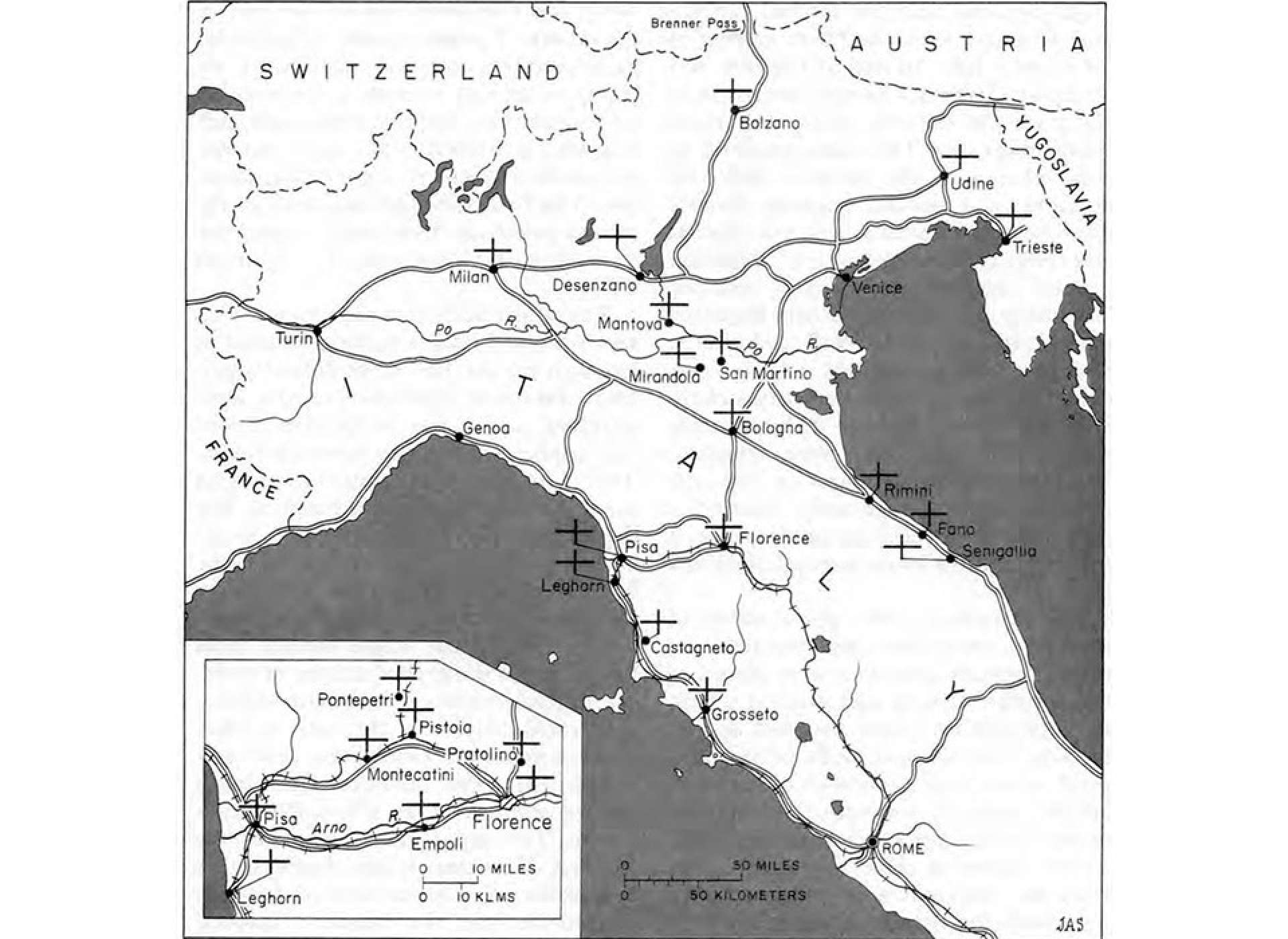 On this map hospitals are indicated by plus signs. Grosseto is on the west coast of Italy, north of Rome. From US Army publication The Medical Department – Medical Service in the Mediterranean and Minor Theaters, CMH Pub 10-8.