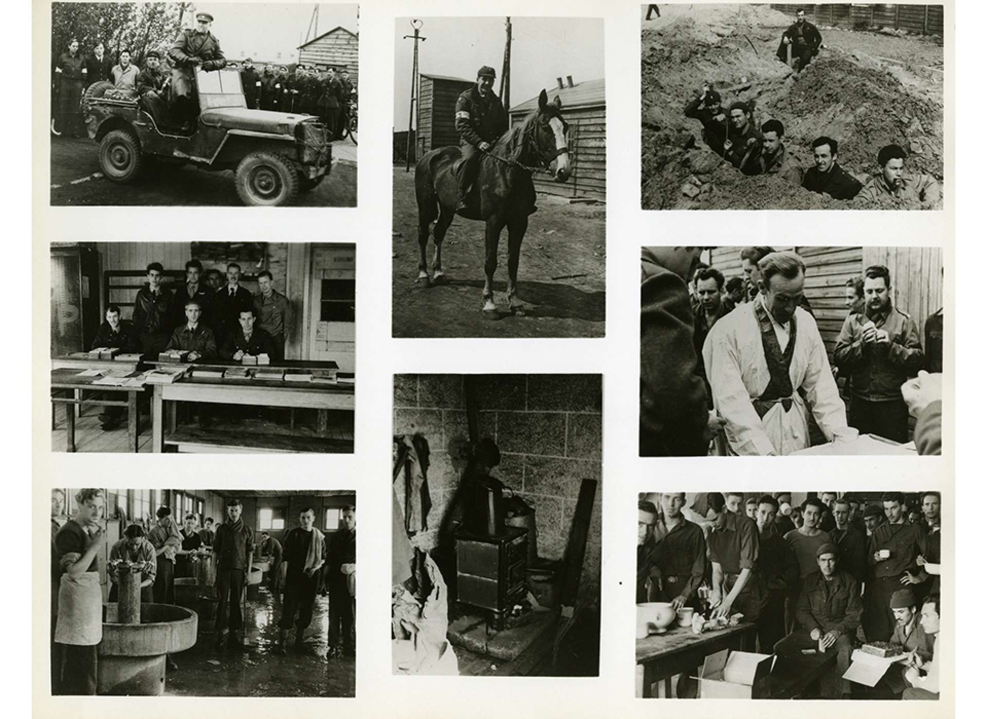 Scenes from Stalag Luft I including top left, “Honor guard of British and American MPs for the departure of Russian General Marozil in a lend-lease jeep.” and top middle, a member of Zemke’s Field Force wearing improvised armband., The National WWII Museum, 2017.145