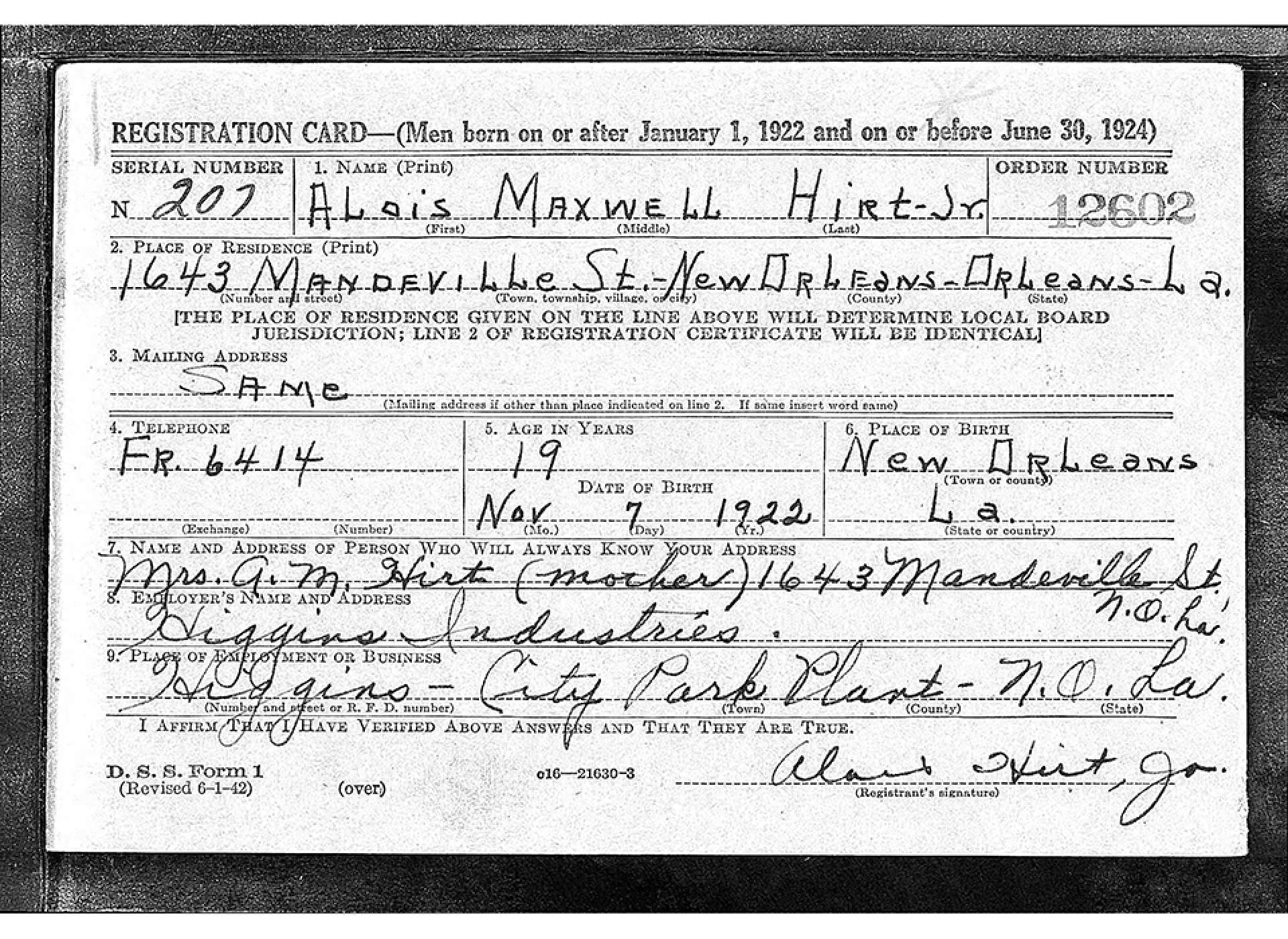 Al Hirt Draft Registration Card Courtesy: Fold