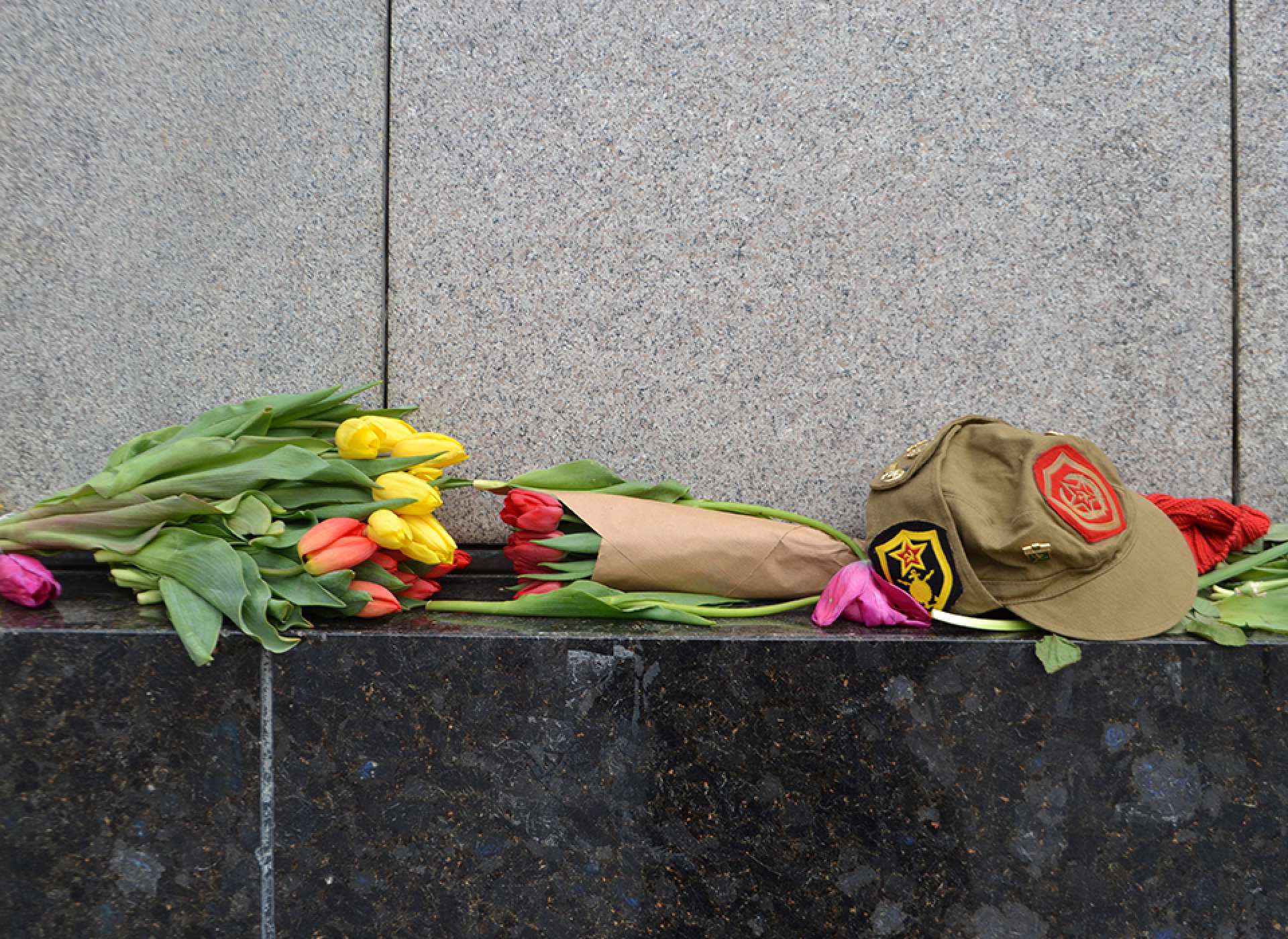 Flowers left at the Tiergarten Soviet War Memorial in memory of the Battle of Berlin Courtesy Keith Huxen, PhD