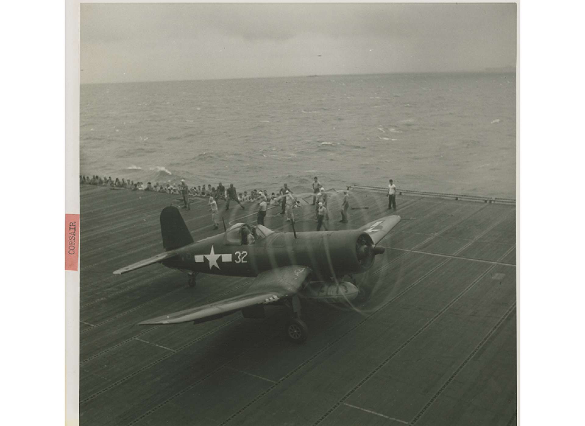A US Marine Corsair ready for takeoff from an Essex-class carrier on February 27, 1945. Gift In Memory of Charles Ives, 2011.102.452