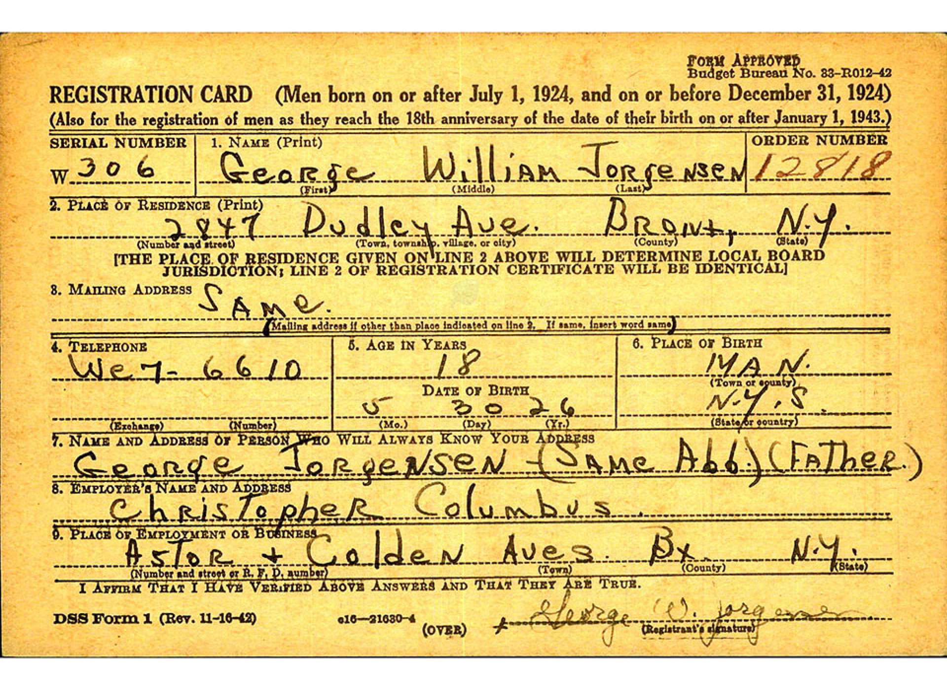 Registration card