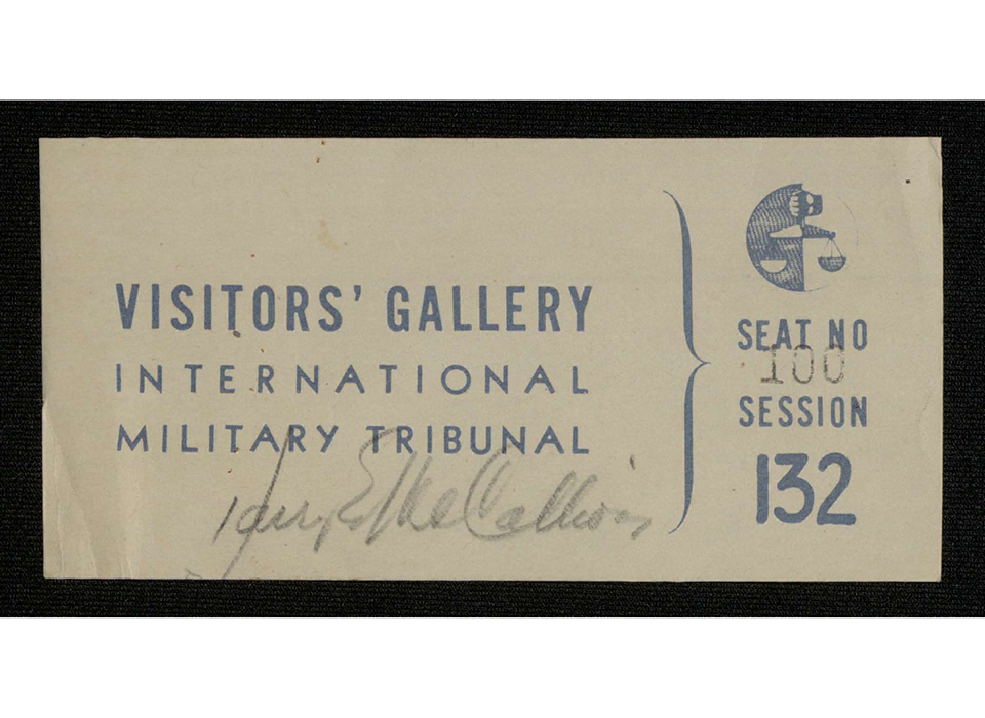 Nuremberg Trial Visitor Pass. Gift of Mrs. Harry E. McCallion, 2019.227.002