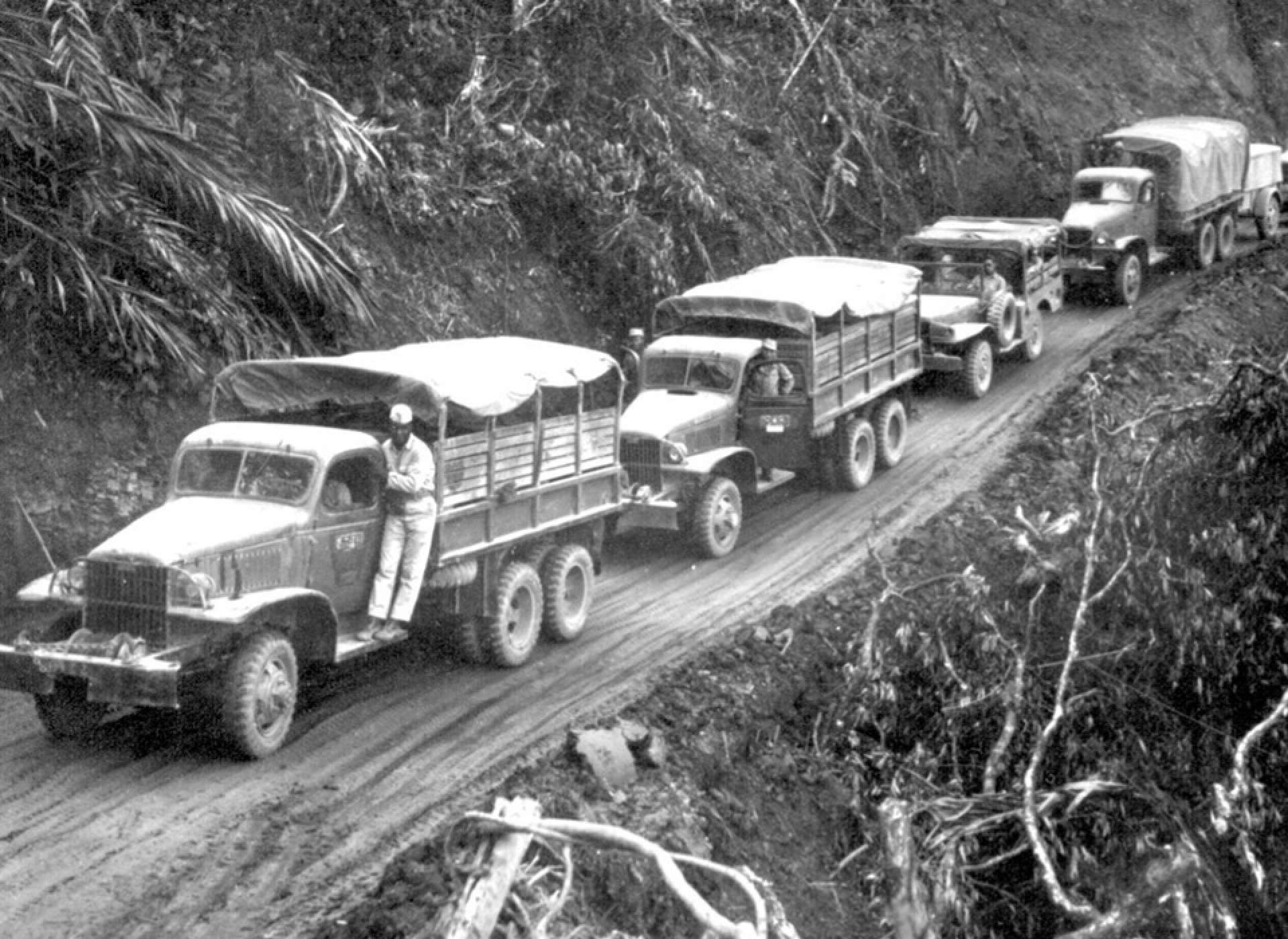 Army Trucks over Ledo supply Road in Burma 