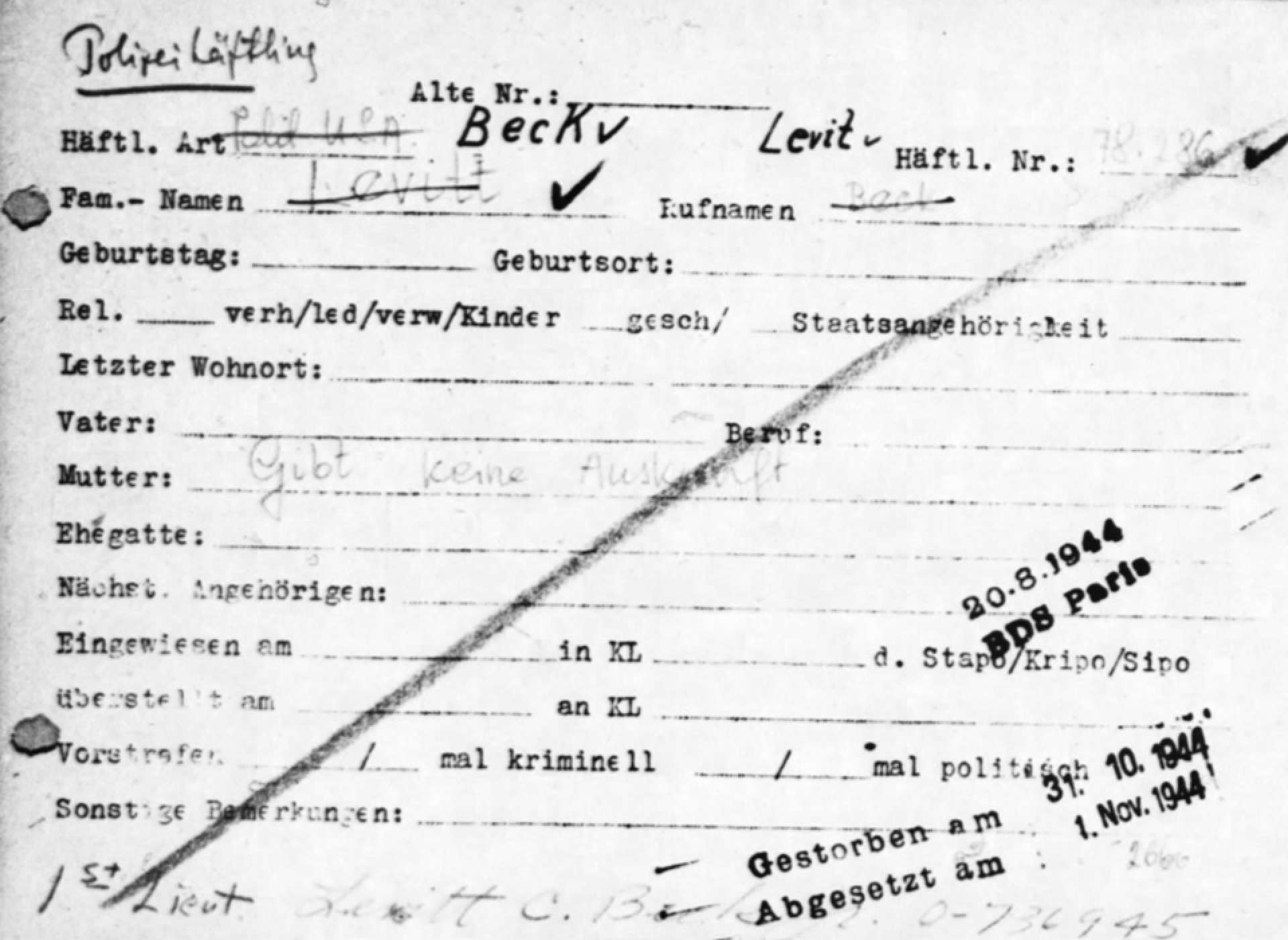 Levitt Beck Buchenwald Prison Card