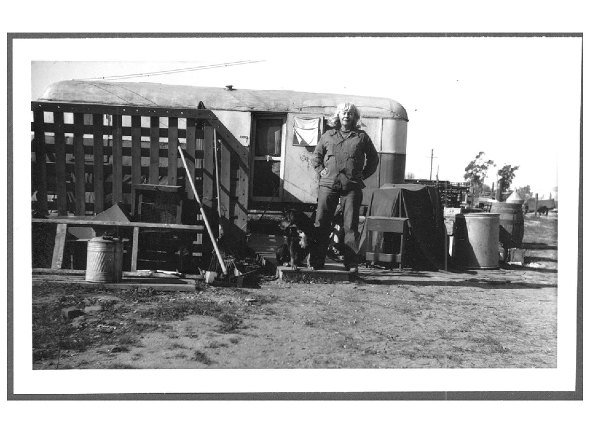 Estelle Ishigo stands in front of the trailer she shared with Arthur at the Cal Sea Food Labor Camp in Harbor City.