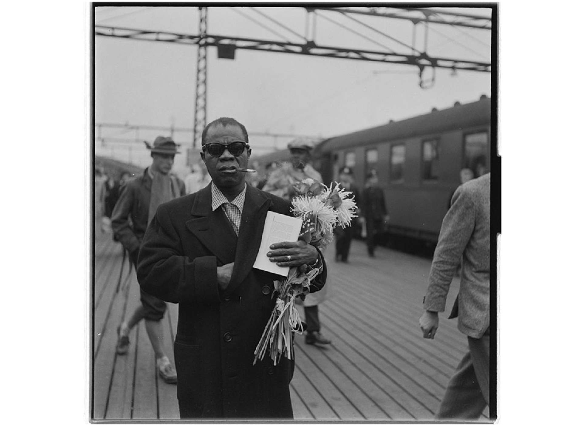 Louis Armstrong on his way to a concert in Oslo, Norway in 1955