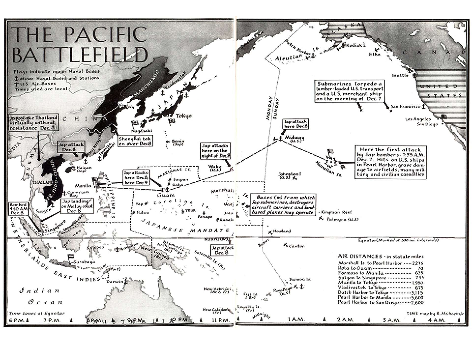 Map by Time Magazine Dec 1941 shows the attacks by Japanese forces on Pearl Harbor and other locations
