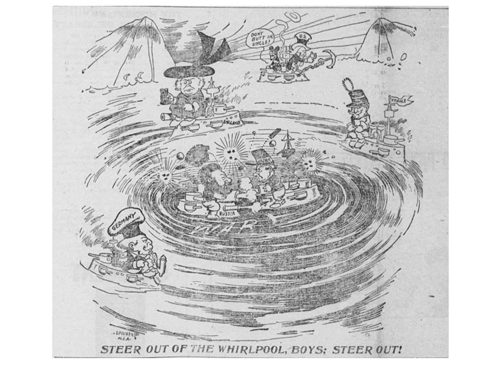 Political cartoon from February 15, 1904 by Bob Satterfield depicting the Russo-Japanese War as a whirpool risking drawing in Germany, Britain, and France