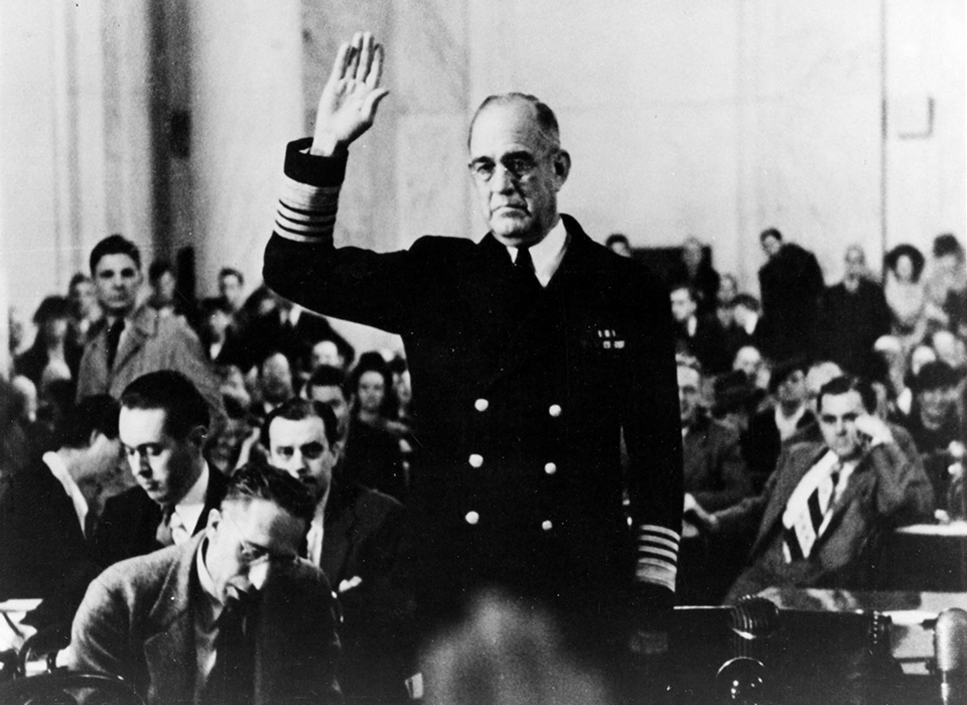 Admiral Richardson takes the oath before testifying during the Congressional investigation into the Japanese attack on Pearl Harbor