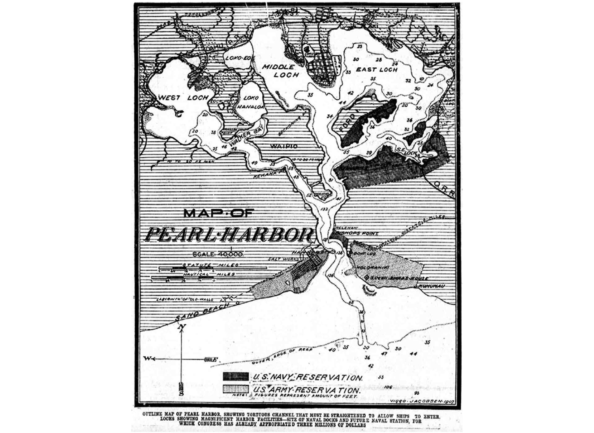 A map of the construction challenges for improving Pearl Harbor from the Evening Bulletin in 1911. Courtesy of the Library of Congress.