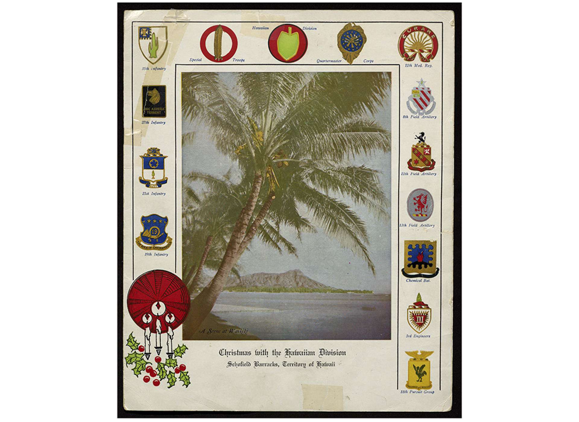 Surrounding an idyllic photo of Diamond Head are crests of the elements of the Hawaii Division