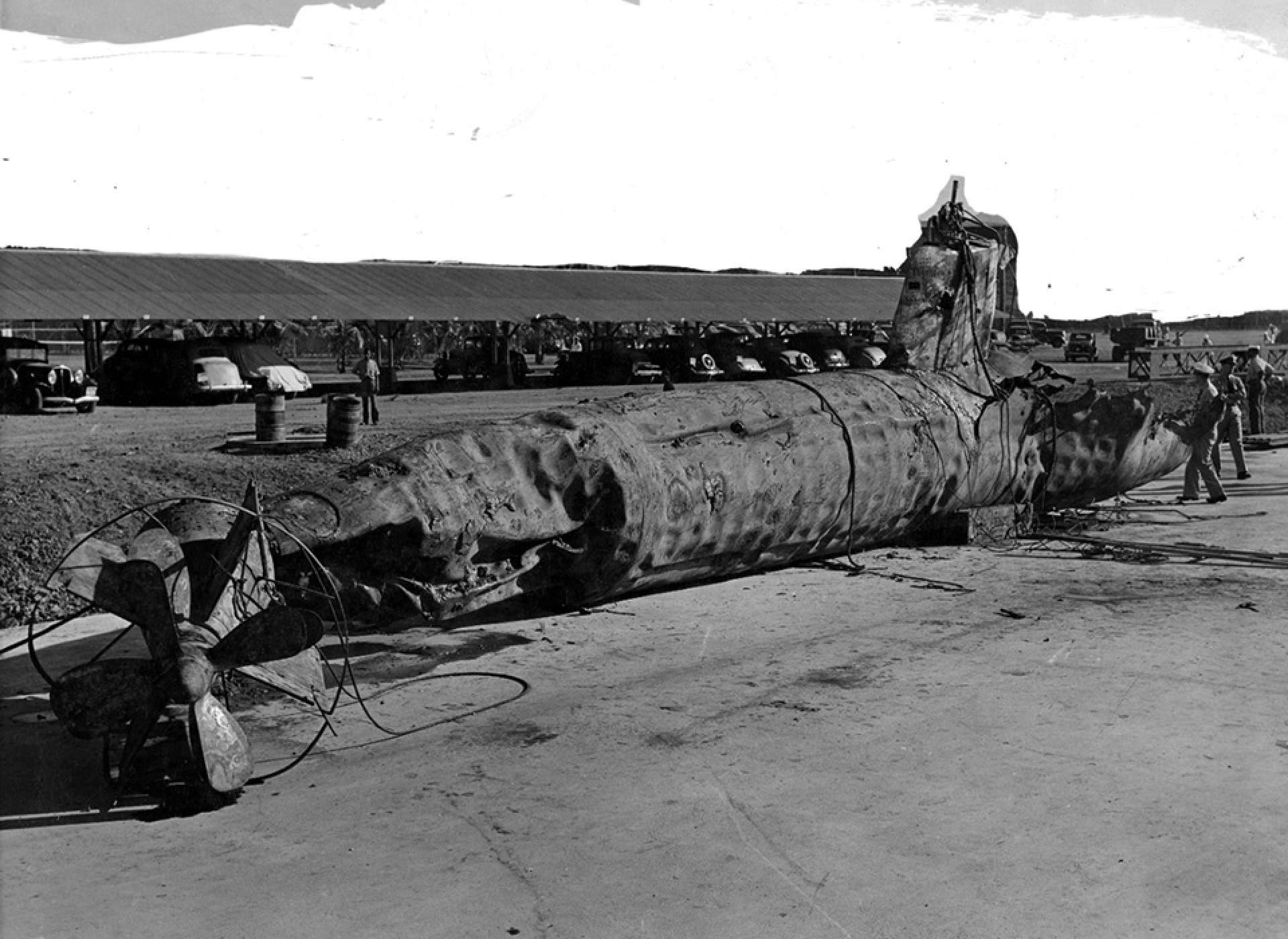 The remains of Japanese Type A submarine I-22 raised from Pearl Harbor in December 1941