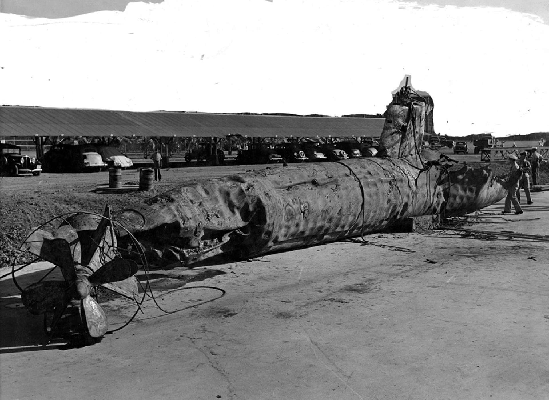 The remains of Japanese Type A submarine I-22 raised from Pearl Harbor in December 1941