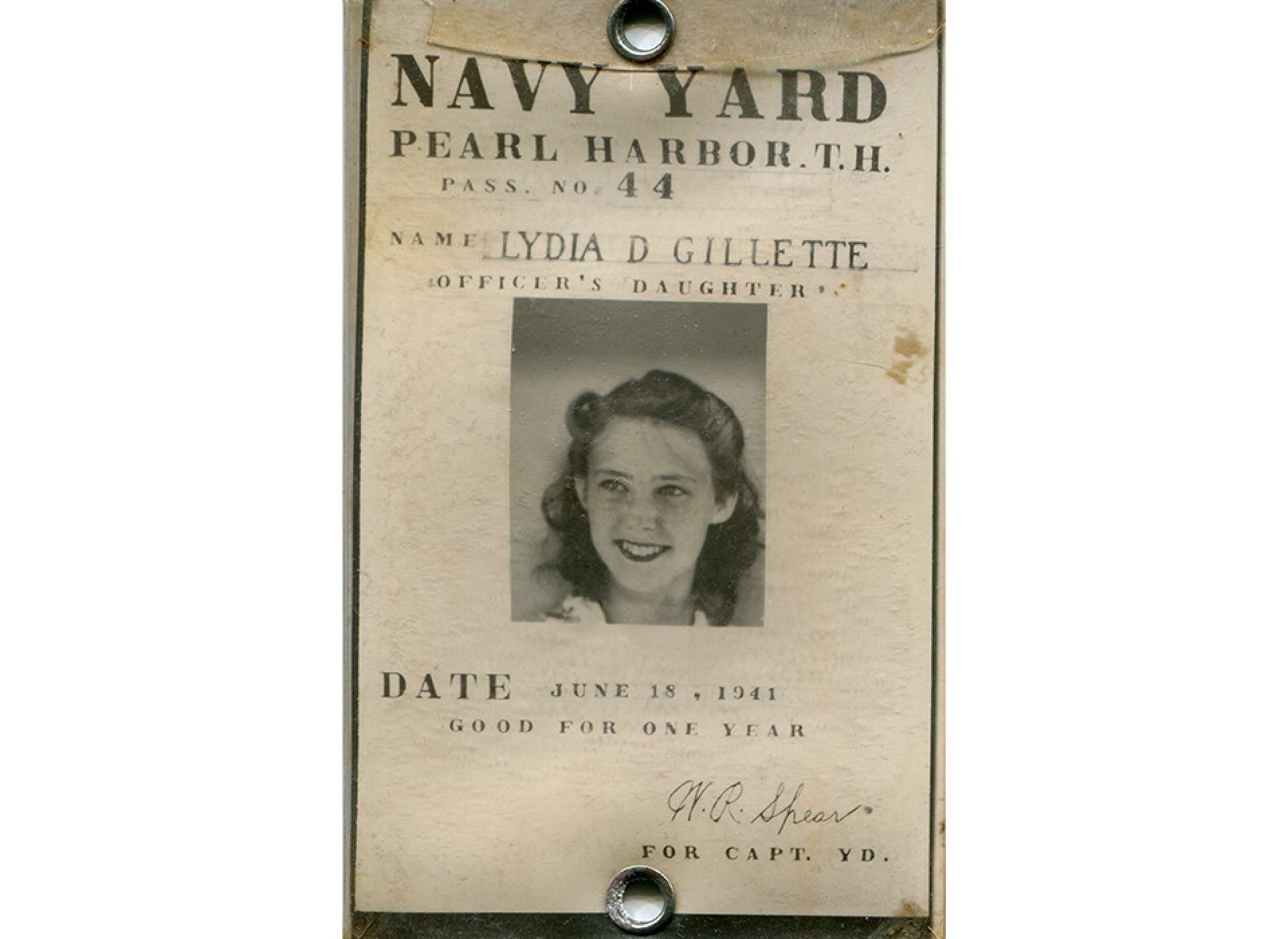 Lydia Diane Grant&#039;s Pearl Harbor Navy Yard ID. Image courtesy of Lydia Grant.