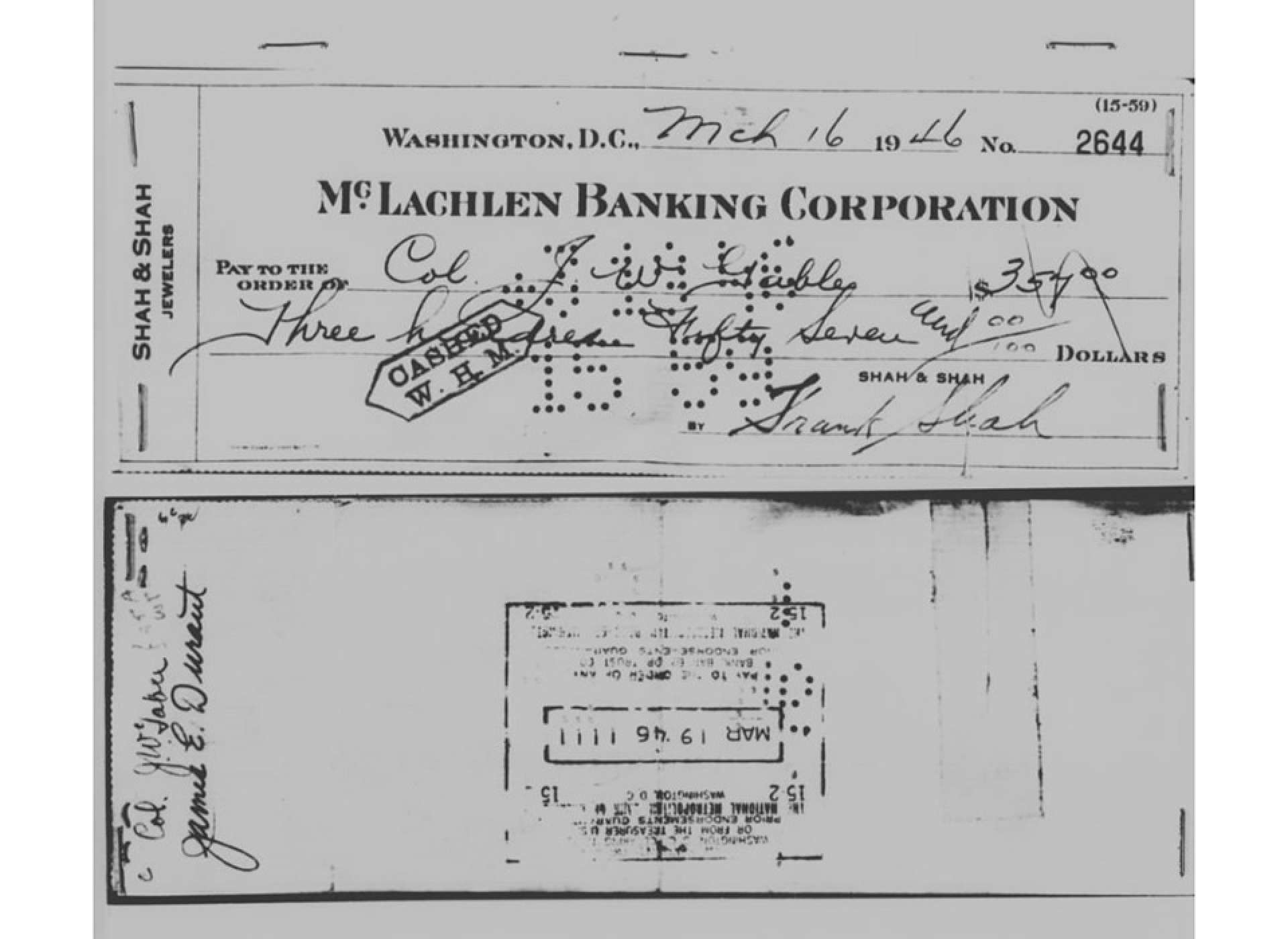 This check, bearing a false name used by Durant—Col. J.W. Gables—was entered as evidence in Durant’s court martial. Image courtesy of the National Archives.