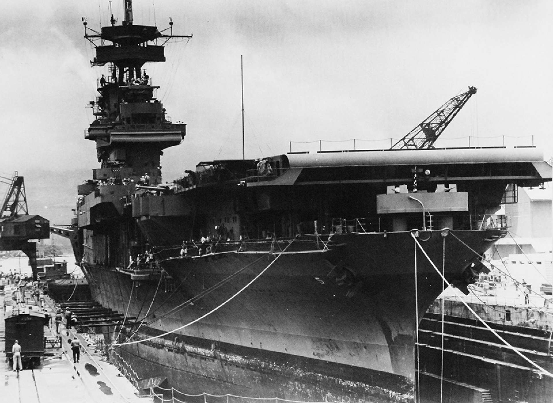USS Yorktown (CV-5) in drydock at Pearl Harbor Navy Yard on May 29, 1942