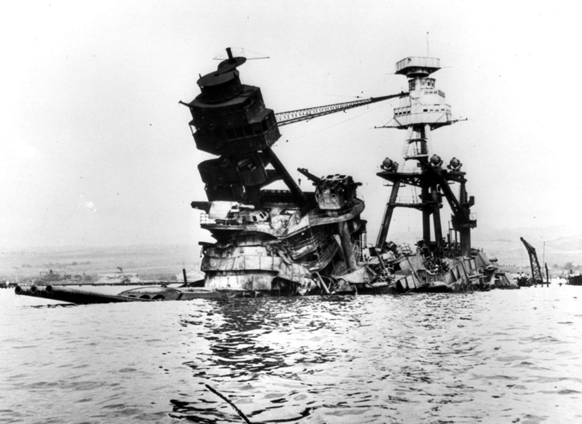wreck of the USS Arizona photographed after the December 7 Pearl Harbor attack