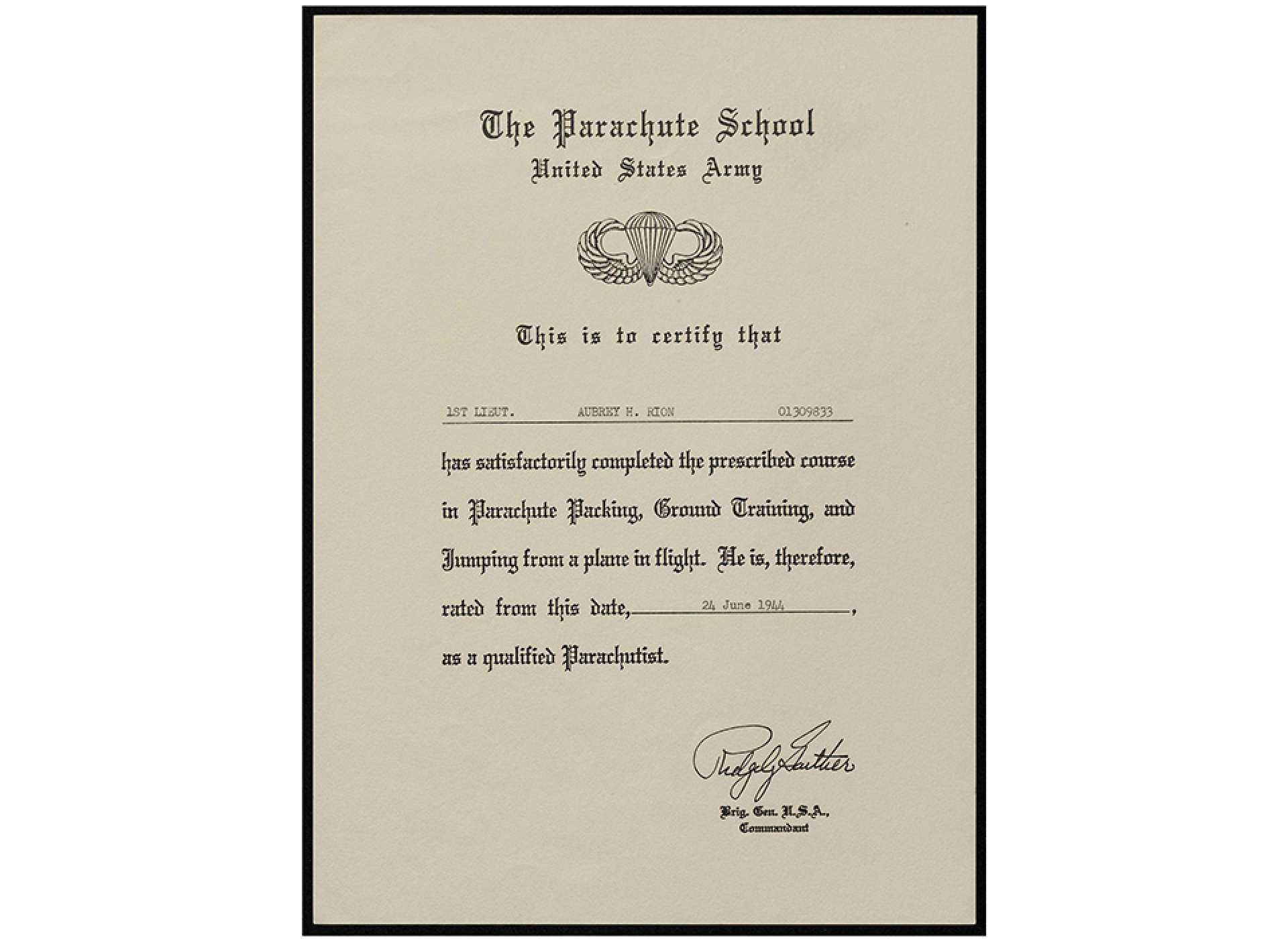 WWII Parachute School Certification 