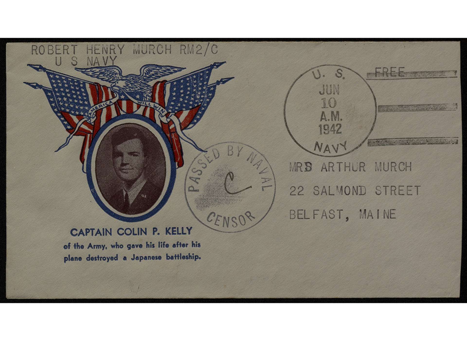 A commemorative envelope featuring Colin Kelly from 1942