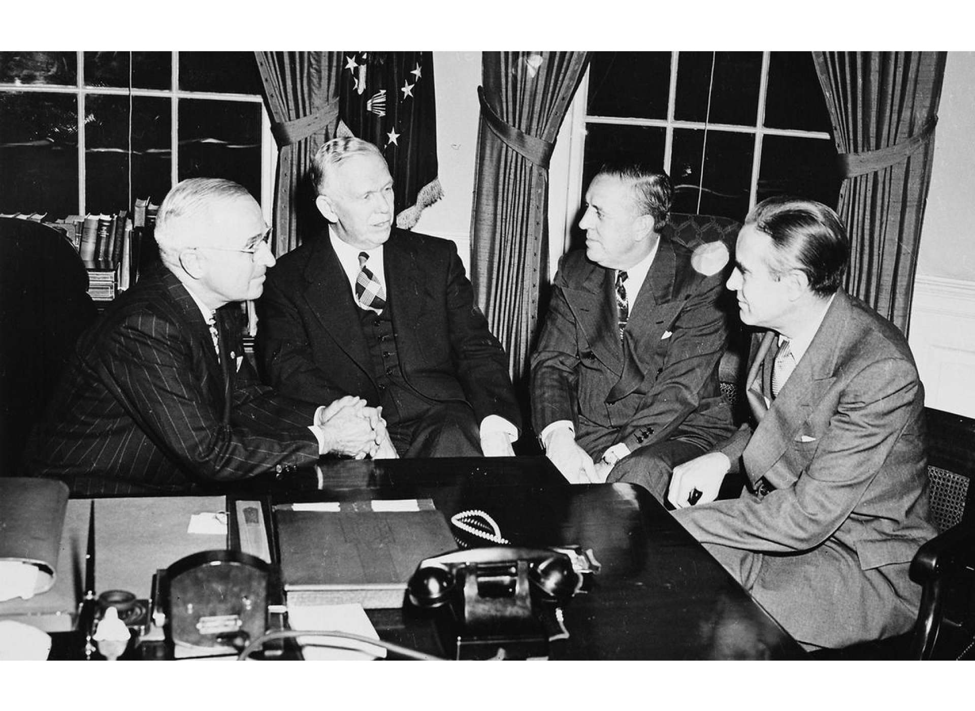 President Harry S Truman, General George Marshall, Paul Hoffman and Averell Harriman in the Oval Office