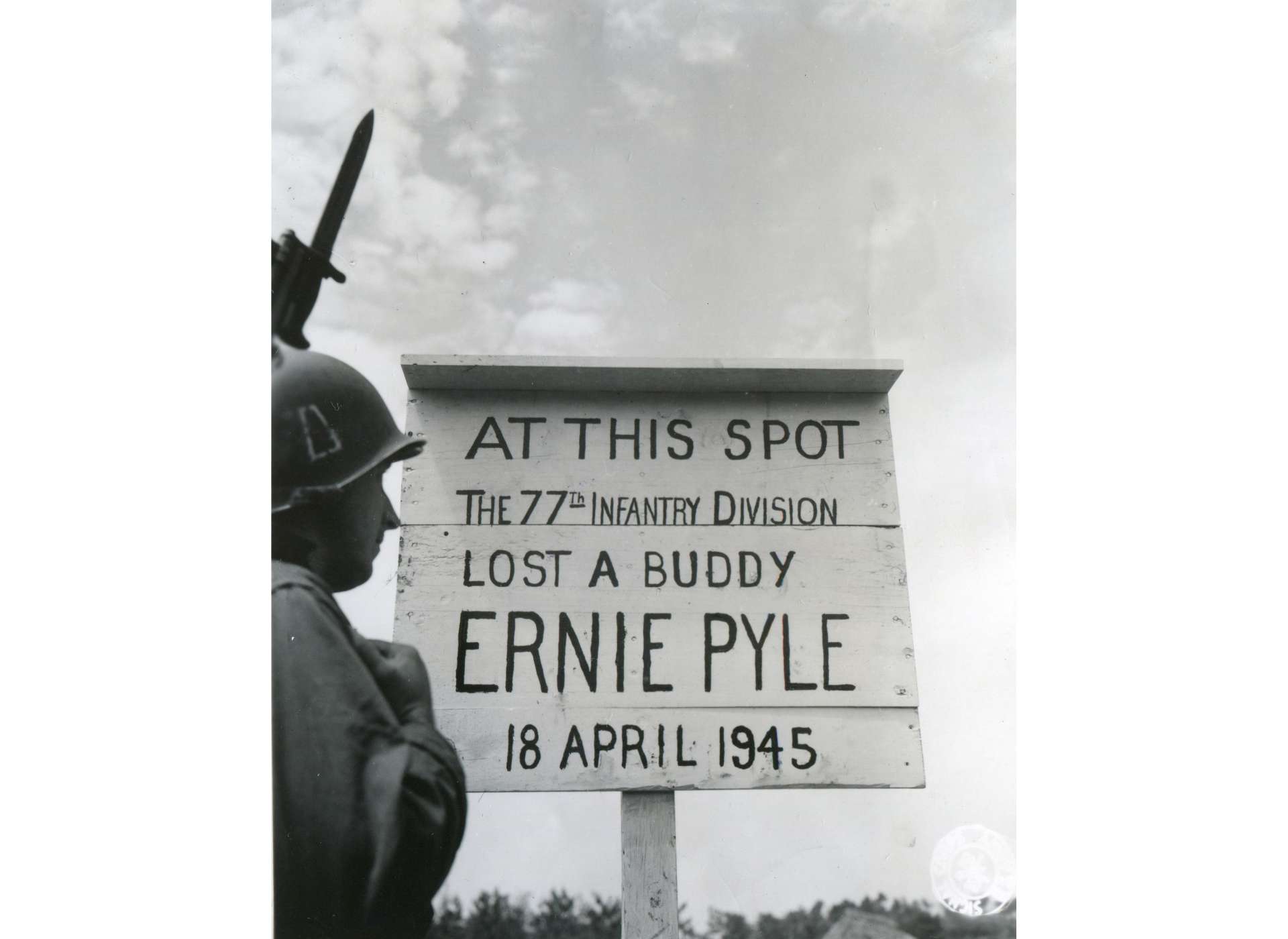 The first memorial erected in Pyle's honor near the roadside ditch where he lost his life. Courtesy National Archives.