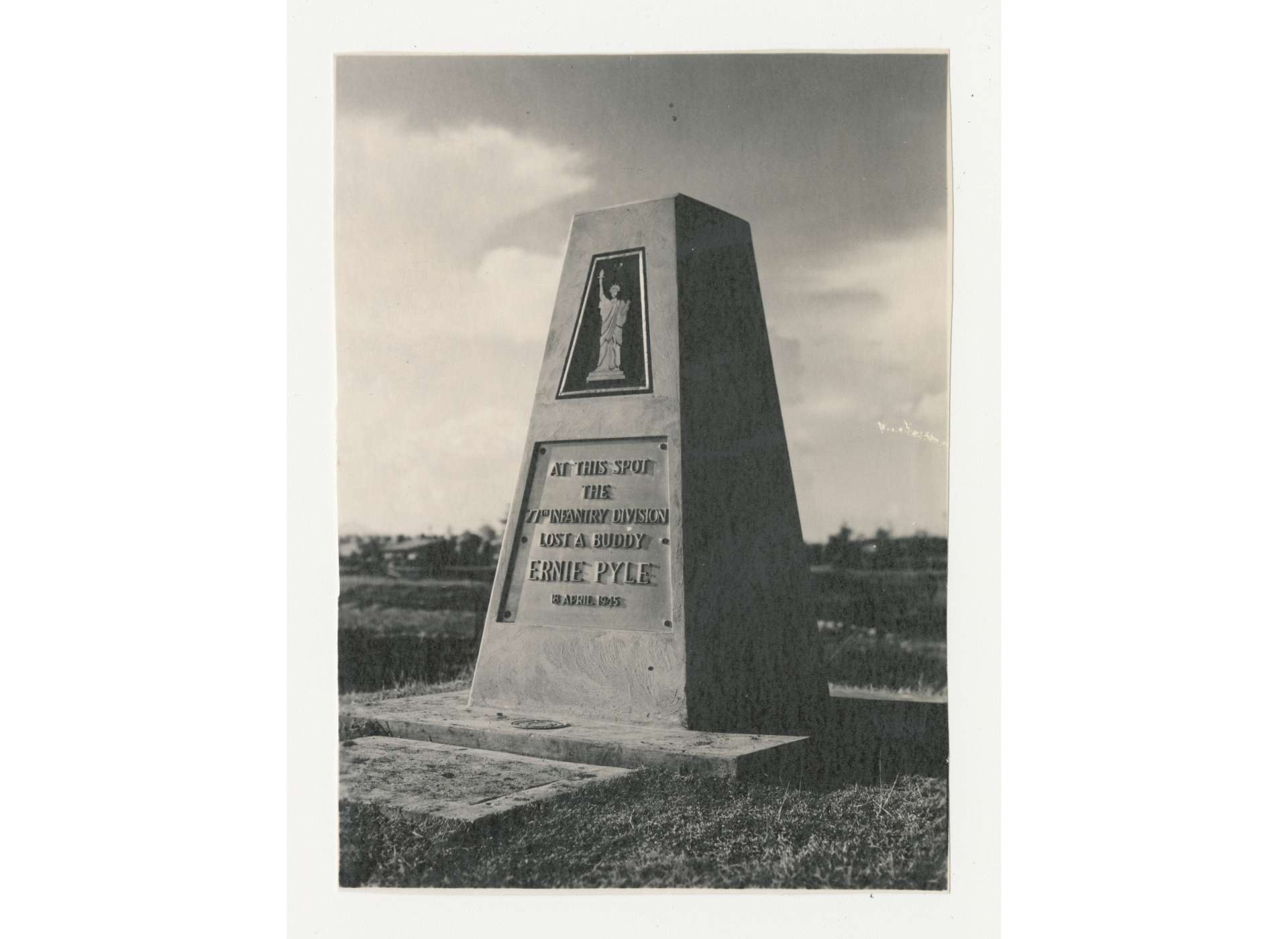 The final in a series of Ie Shima based memorials, this monument remains standing today. The National WWII Museum, Gift in Memory of Dr. Roland Anderson, 2011.101.091.