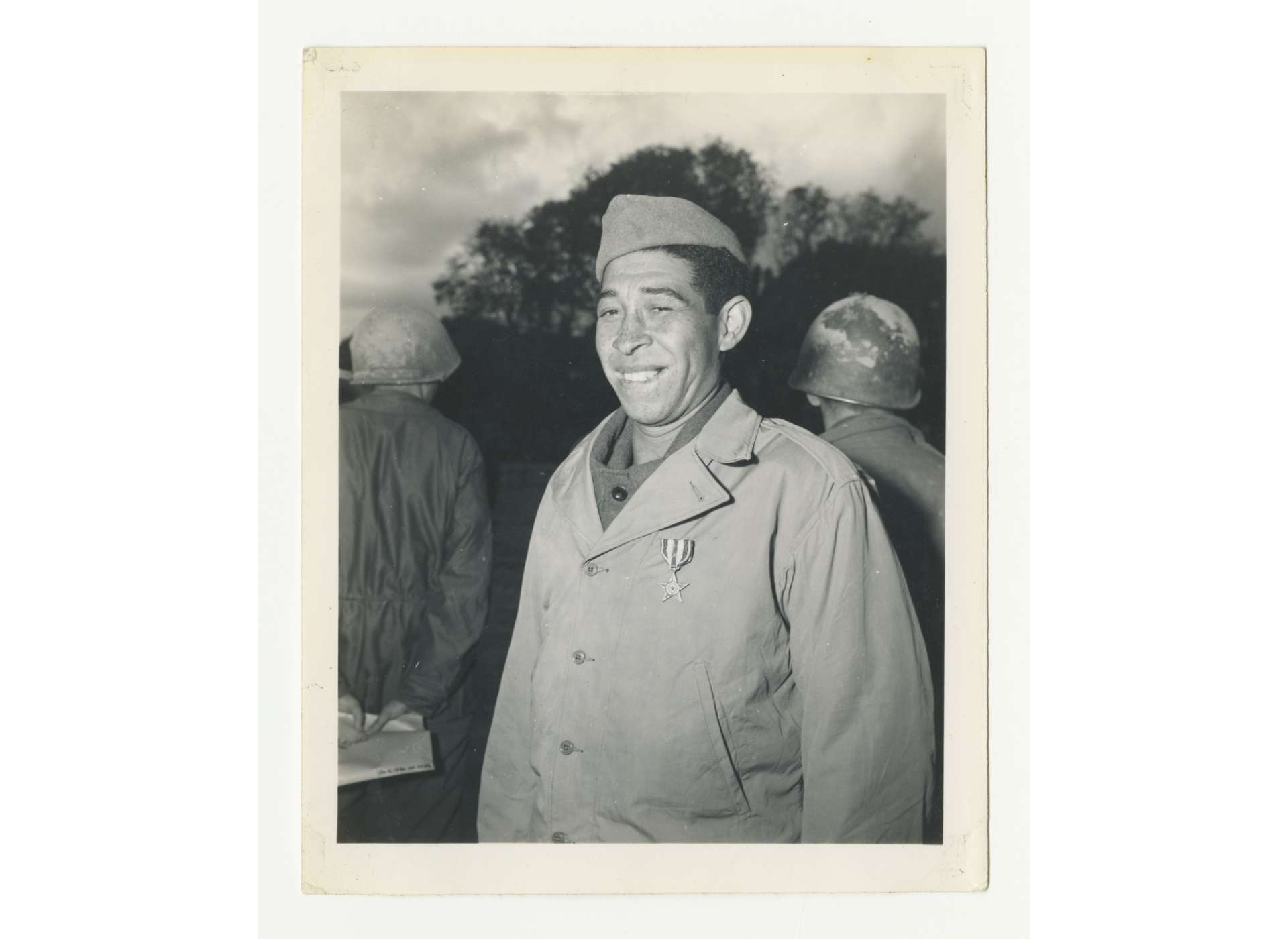 Marcilio Juiz Pinto, a member of the Brazilian Expeditionary Force from Sao Paulo, Brazil, after he received the Silver Star from Lt. General Mark Clark, commander of US Fifth Army, November 16, 1944. US Army Signal Corps photograph, gift in memory of William F. Cadddell, Sr., from the Collection of The National WWII Museum, 2007.048.480.