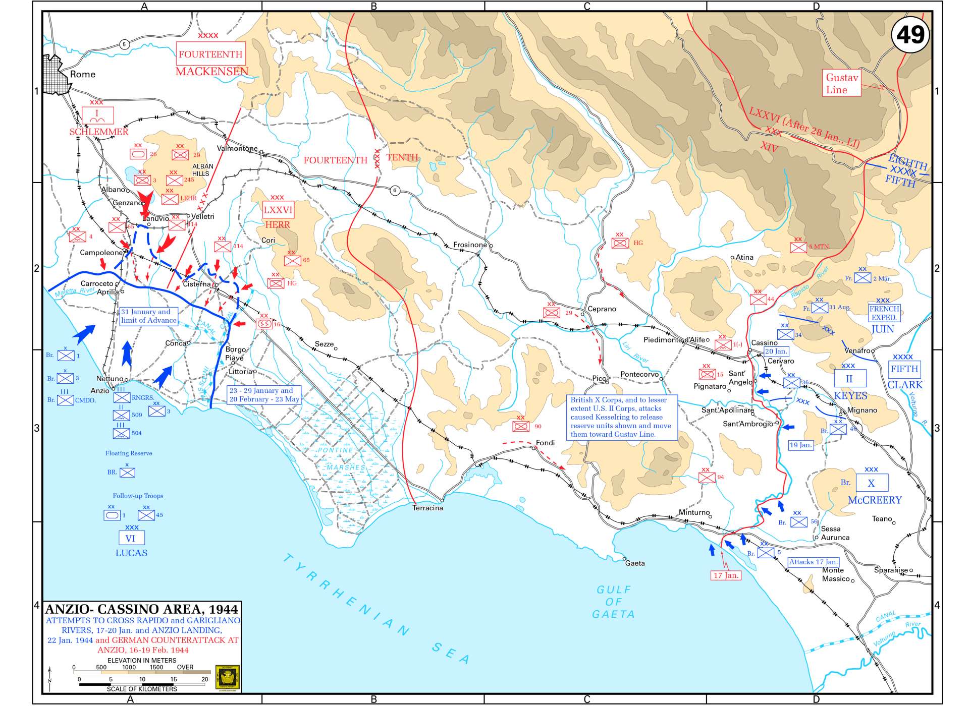 Map of Allied operations in the Anzio-Cassino area in Italy, 1944. Map courtesy of the United States Military Academy Department of History.